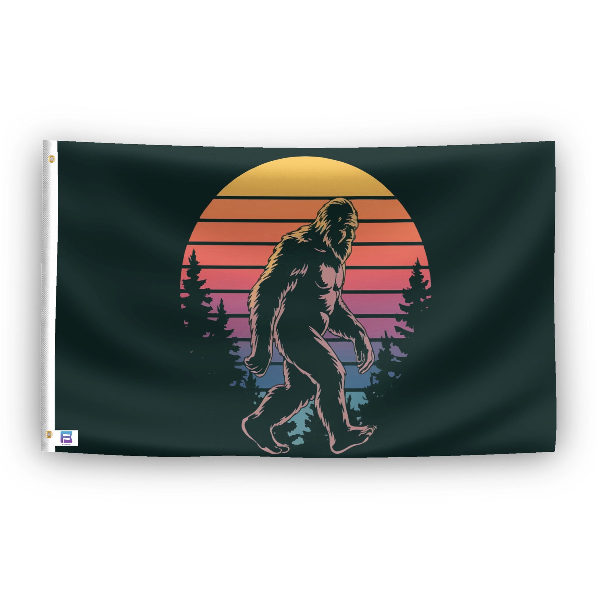 A flag with the theme "Bigfoot Retro Sunset", displayed with two brass grommets reinforced with a white canvas header.