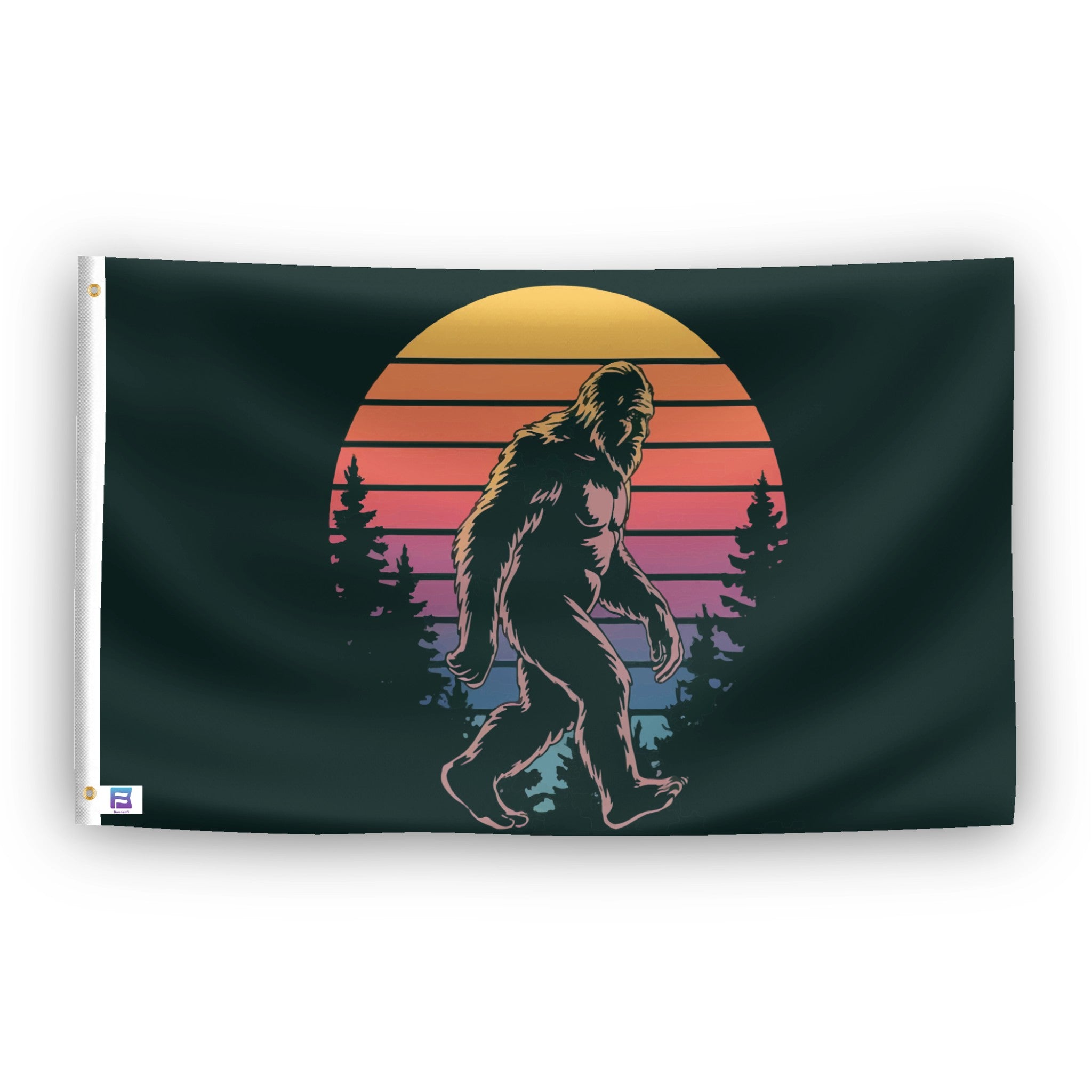 A flag with the theme "Bigfoot Retro Sunset", displayed with two brass grommets reinforced with a white canvas header.