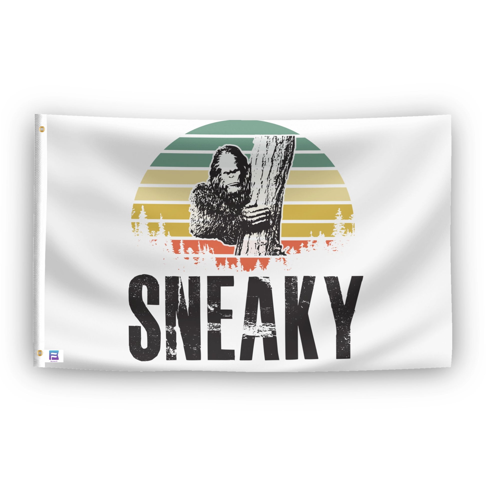 A flag with the theme "Bigfoot Sneaky", displayed with two brass grommets reinforced with a white canvas header.