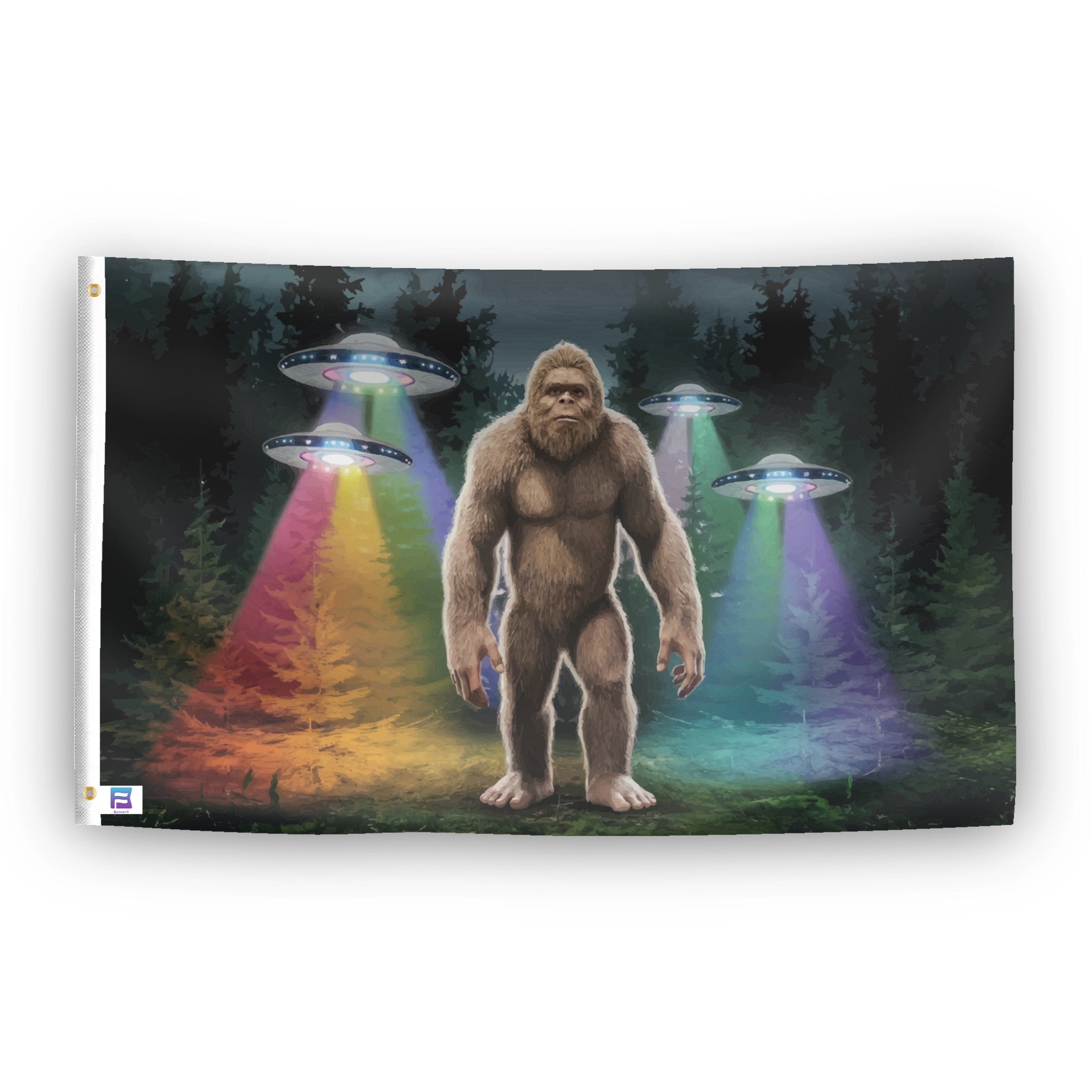 A flag with the theme "Bigfoot UFO", displayed with two brass grommets reinforced with a white canvas header.