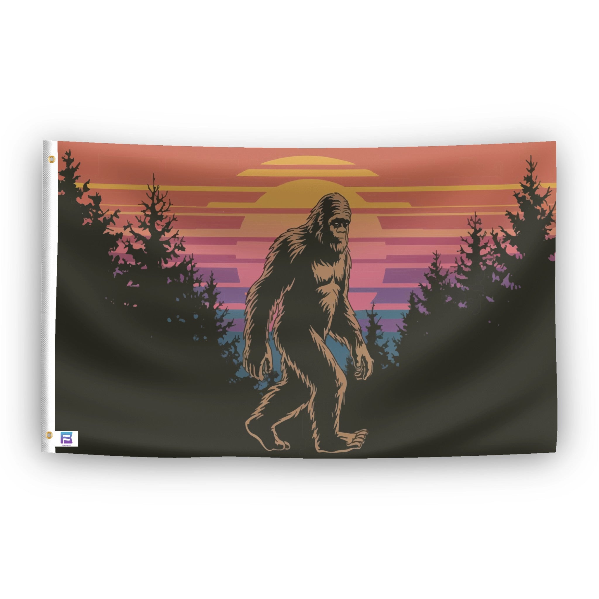 A flag with the theme "Bigfoot Vintage Sunset Forest", displayed with two brass grommets reinforced with a white canvas header.