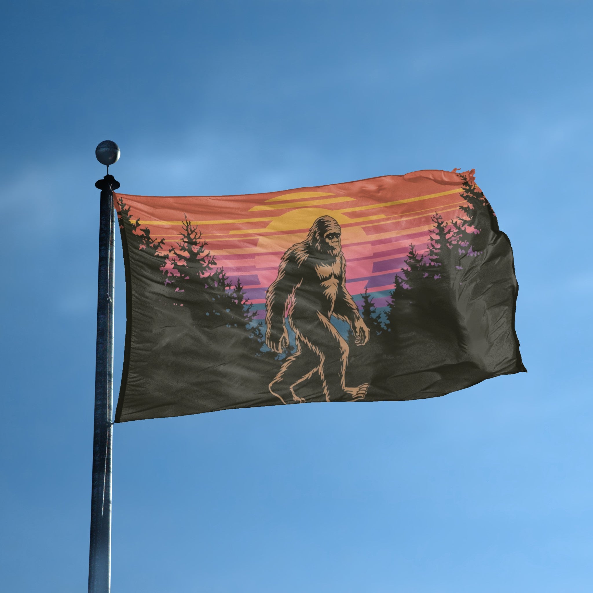 A flag with the theme "Bigfoot Vintage Sunset Forest" displayed on a tall flag pole and blue skies.