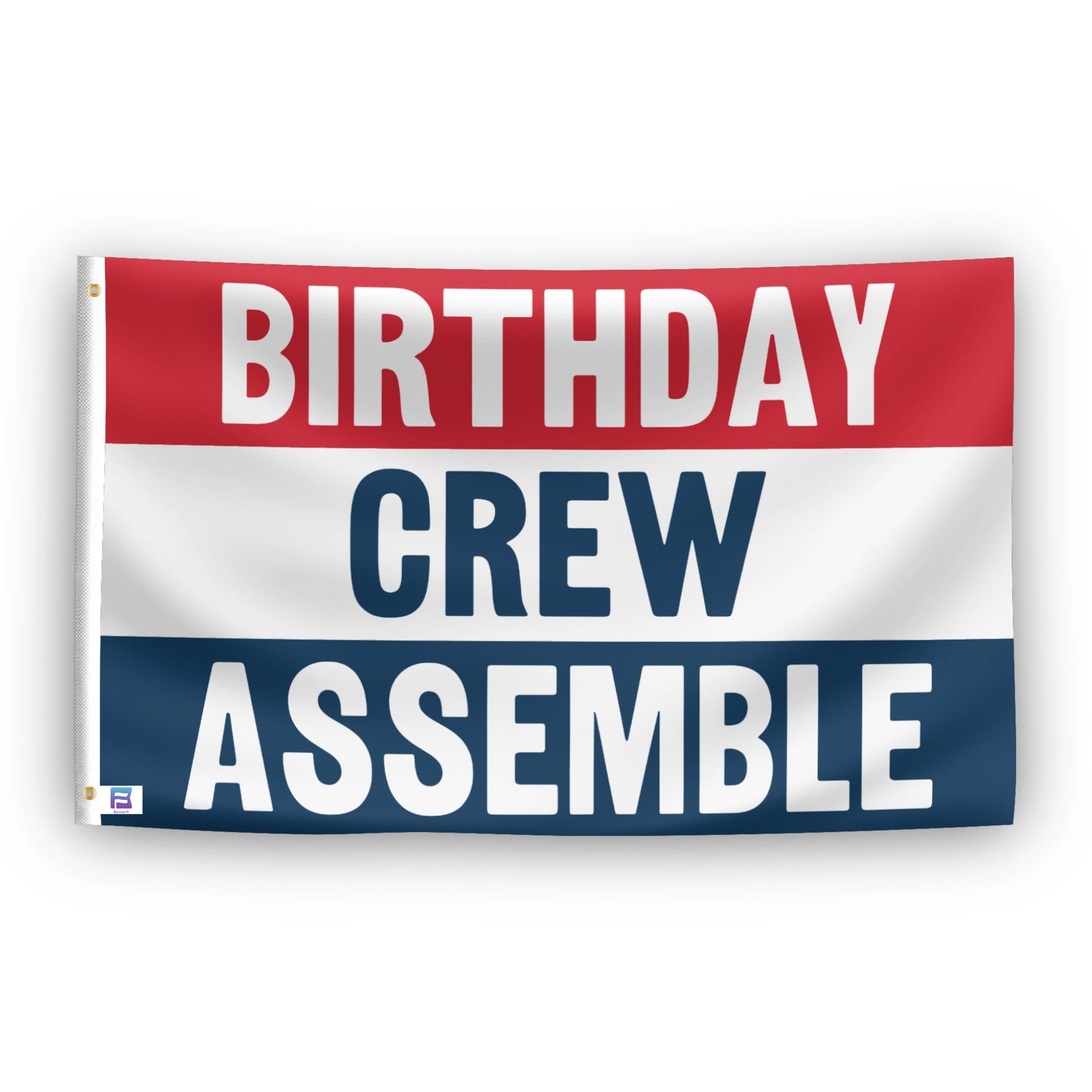 Birthday Crew Assemble flag – weatherproof polyester with brass grommets and canvas header | Bannerfi