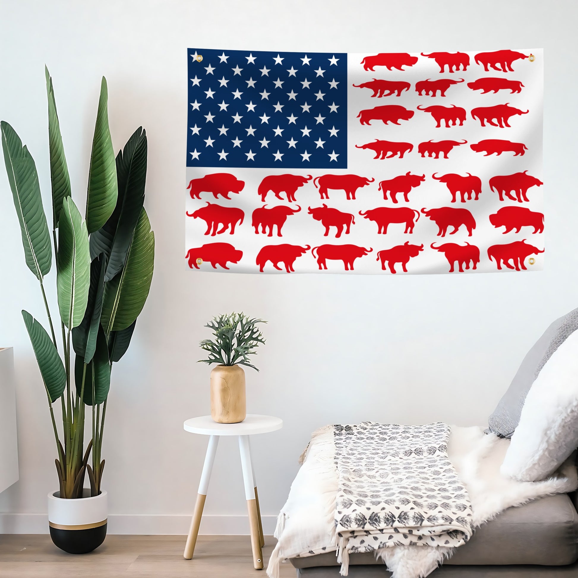 Room interior with a wall featuring an American flag banner with red buffalo illustrations.