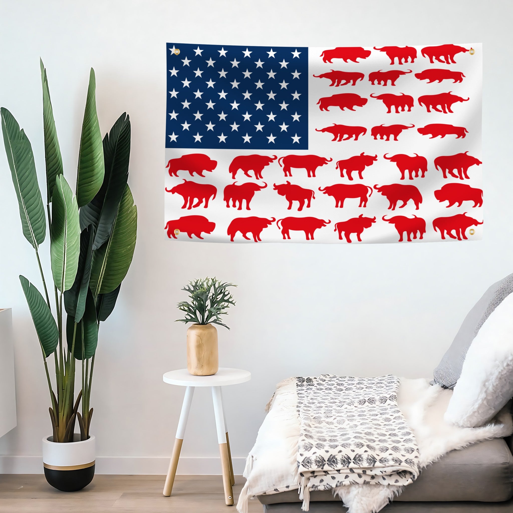 Room interior with a wall featuring an American flag banner with red buffalo illustrations.