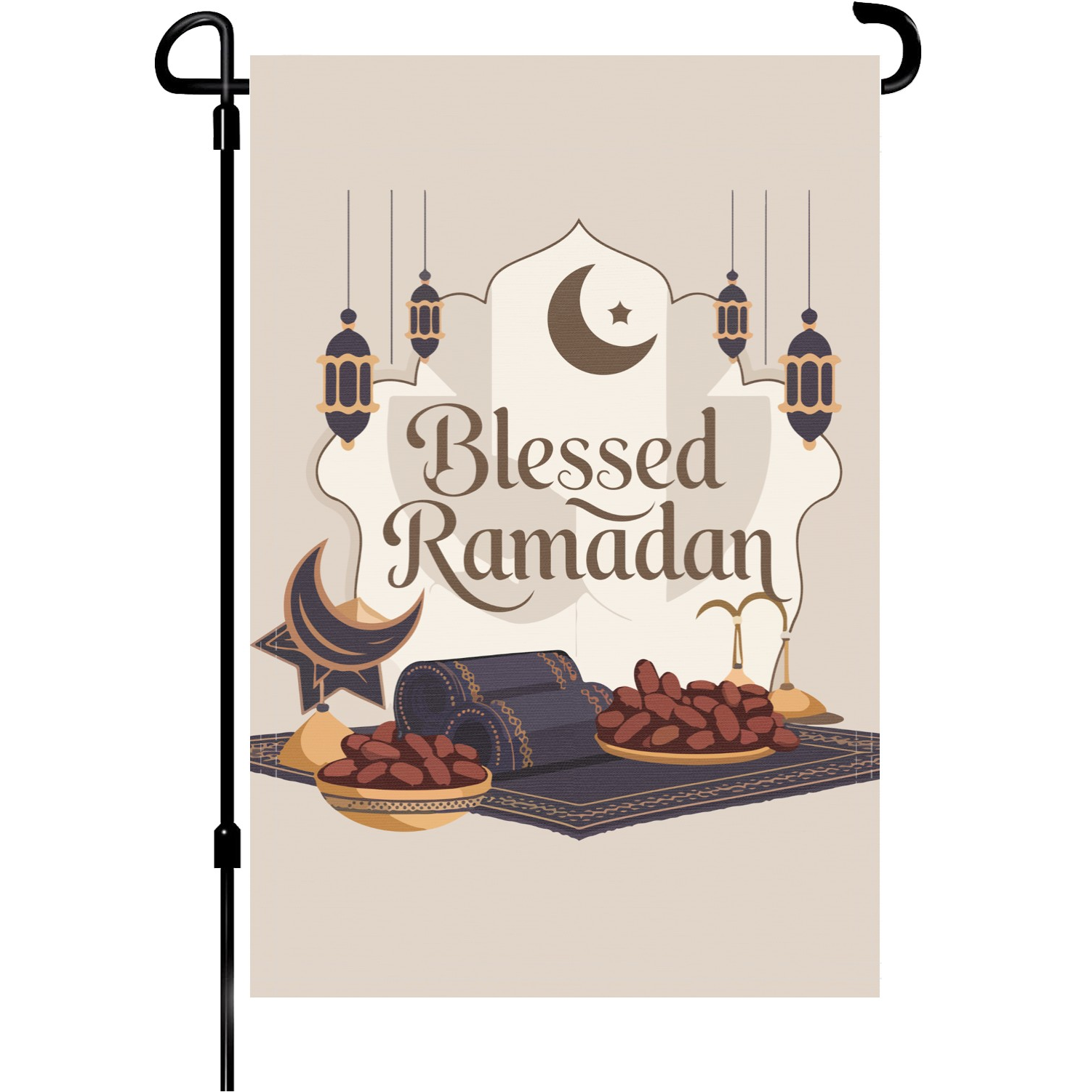 Blessed Ramadan garden flag made of weatherproof polyester mounted on a garden flagpole | Bannerfi