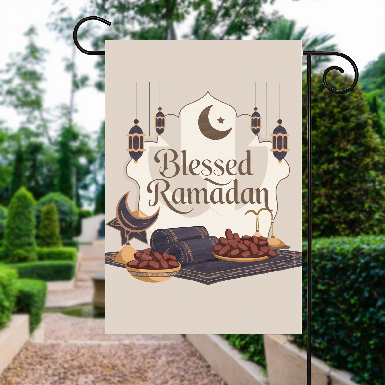 Blessed Ramadan garden flag made of weatherproof polyester displayed in a garden | Bannerfi