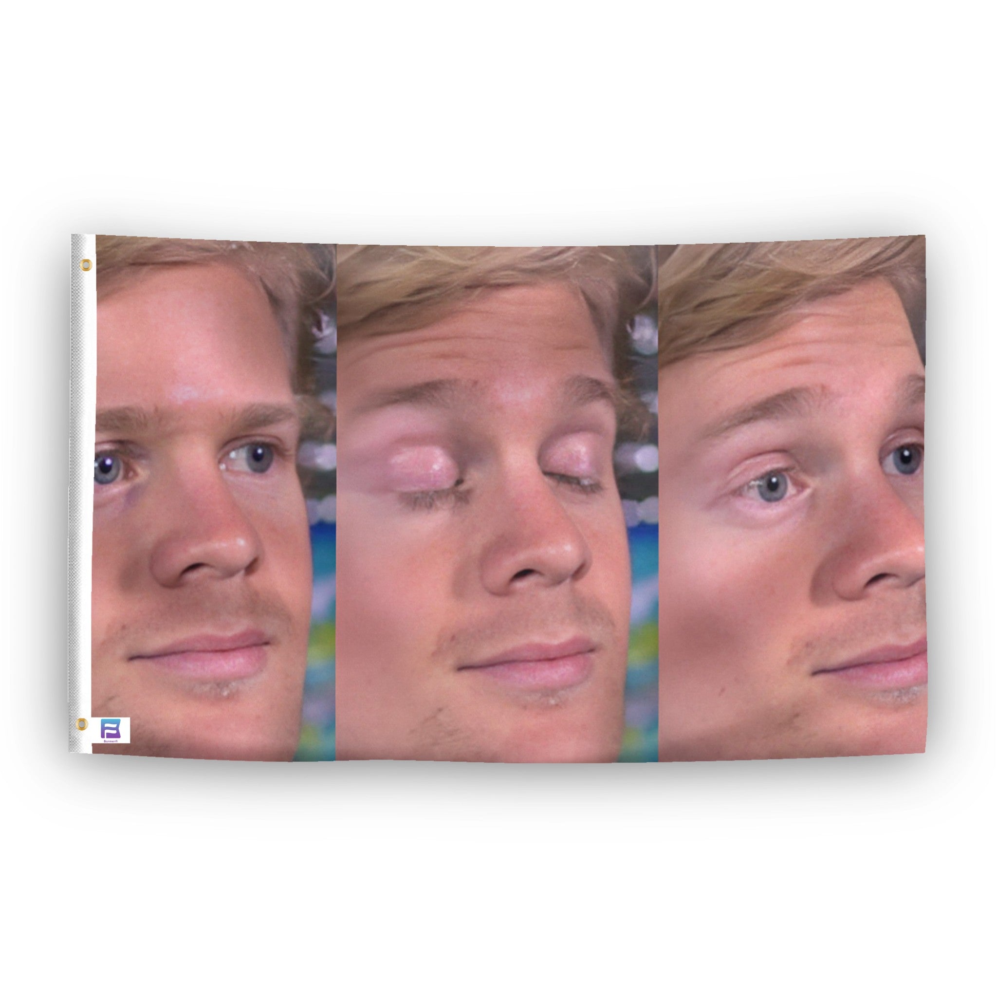 A flag with the theme "Blinking Guy Reaction Meme", displayed with two brass grommets reinforced with a white canvas header.