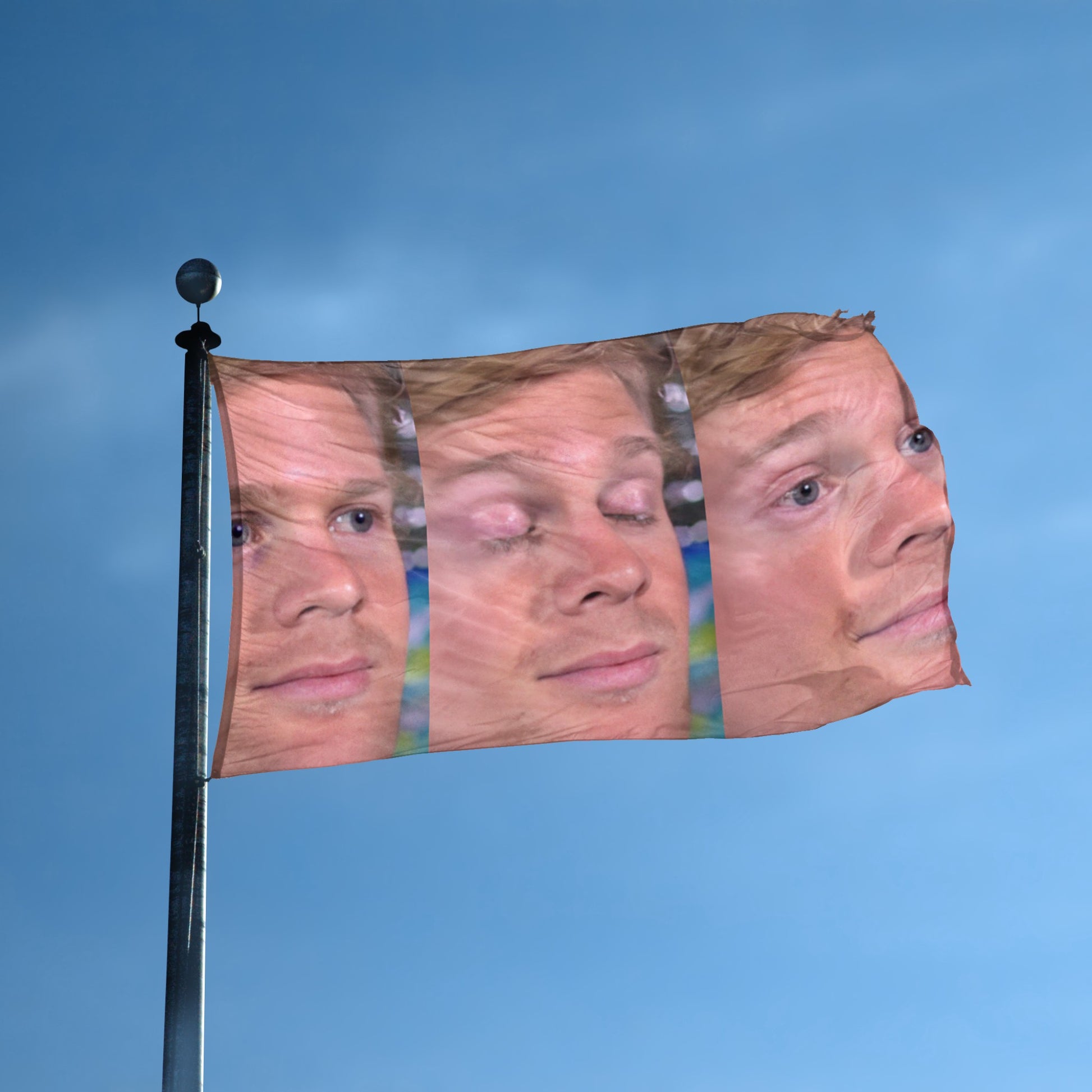A flag with the theme "Blinking Guy Reaction Meme" displayed on a tall flag pole and blue skies.