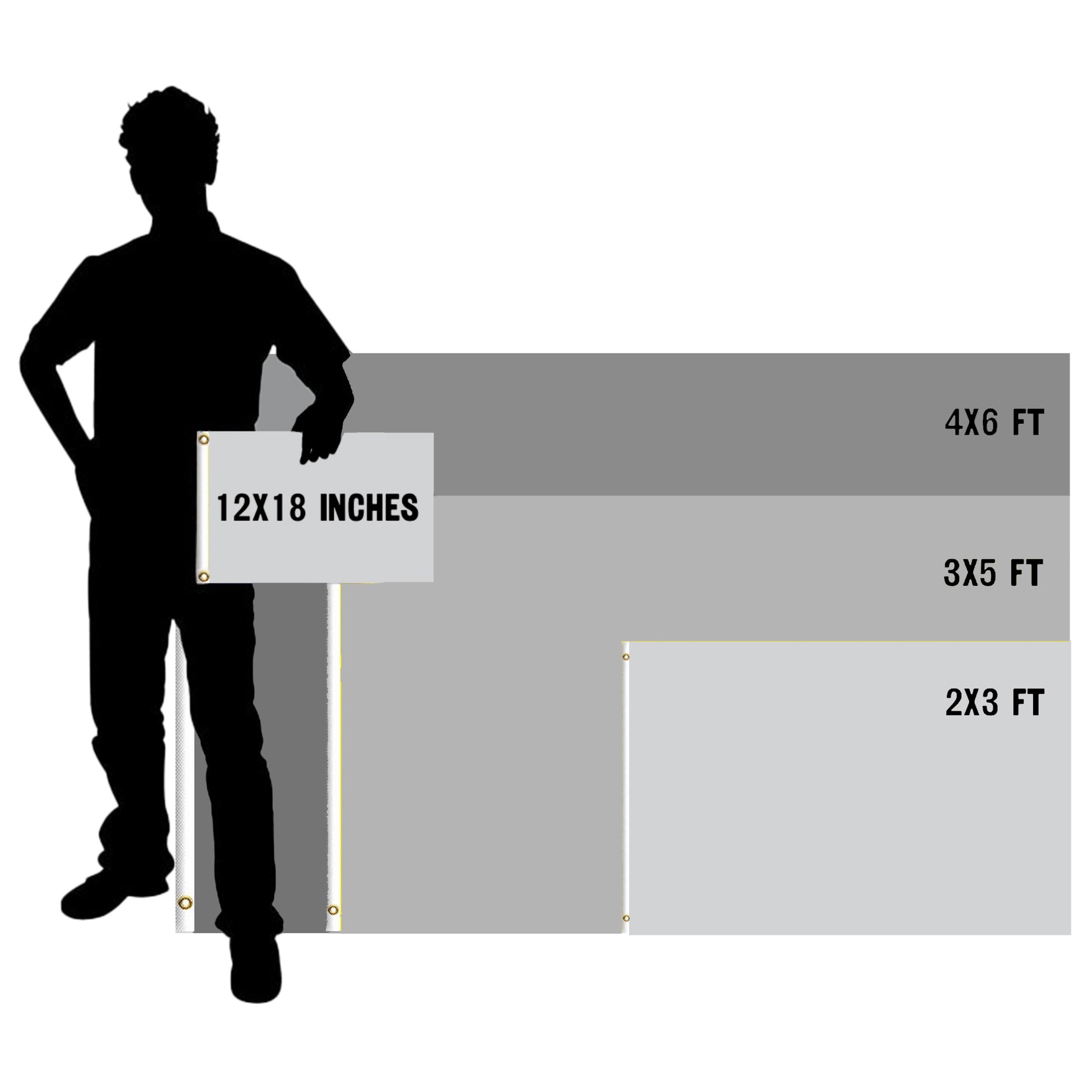 Person holding a boat flag with dimensions next to a backdrop of flags with various dimensions labeled (12x18 inch, 2x3 ft, 3x5 ft, 4x6 ft).