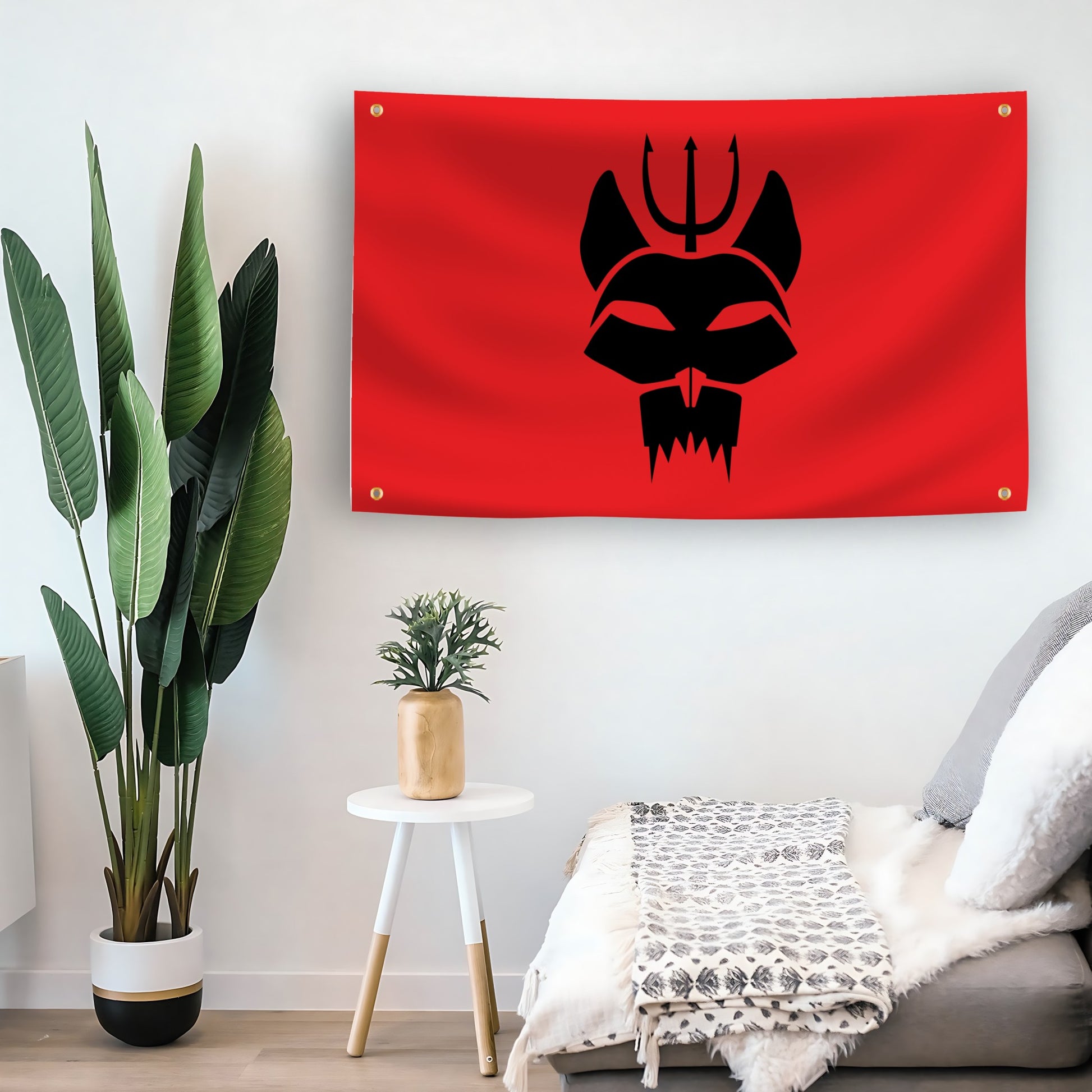 Red Navy SEAL Bravo Team Flag with black symbol on a wall
