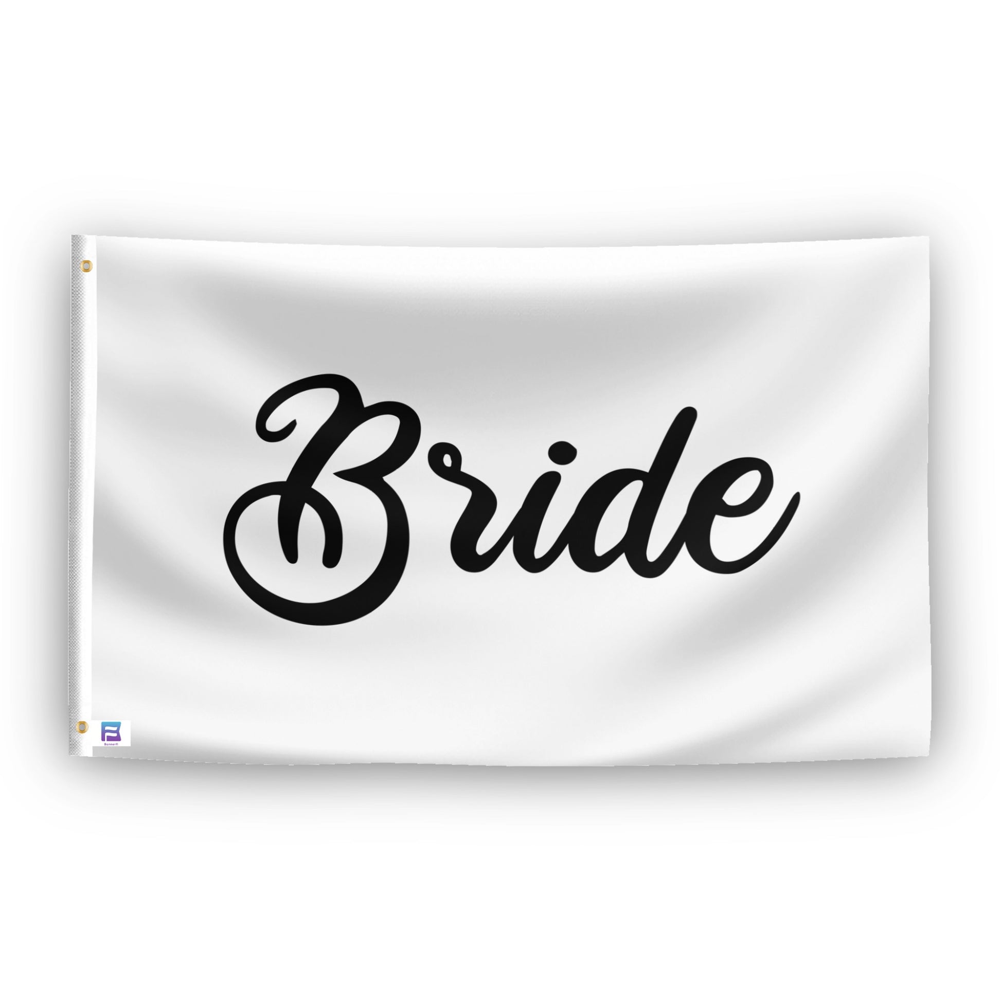 A flag with the theme "Bride Wedding", displayed with two brass grommets reinforced with a white canvas header.