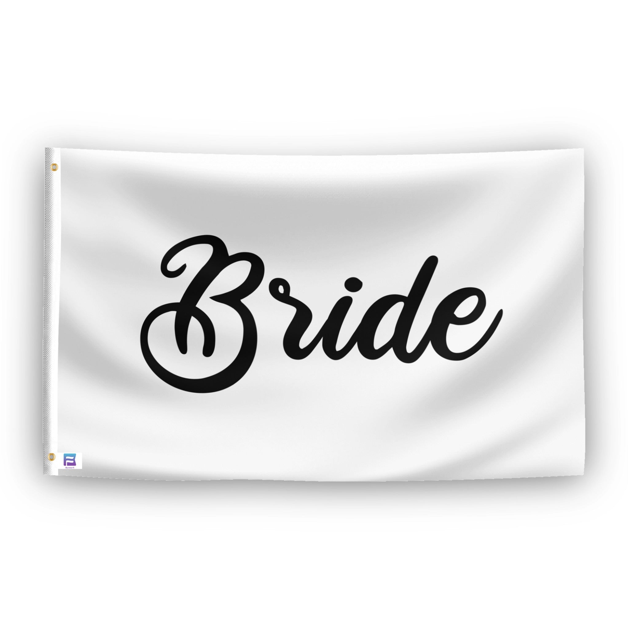 A flag with the theme "Bride Wedding", displayed with two brass grommets reinforced with a white canvas header.