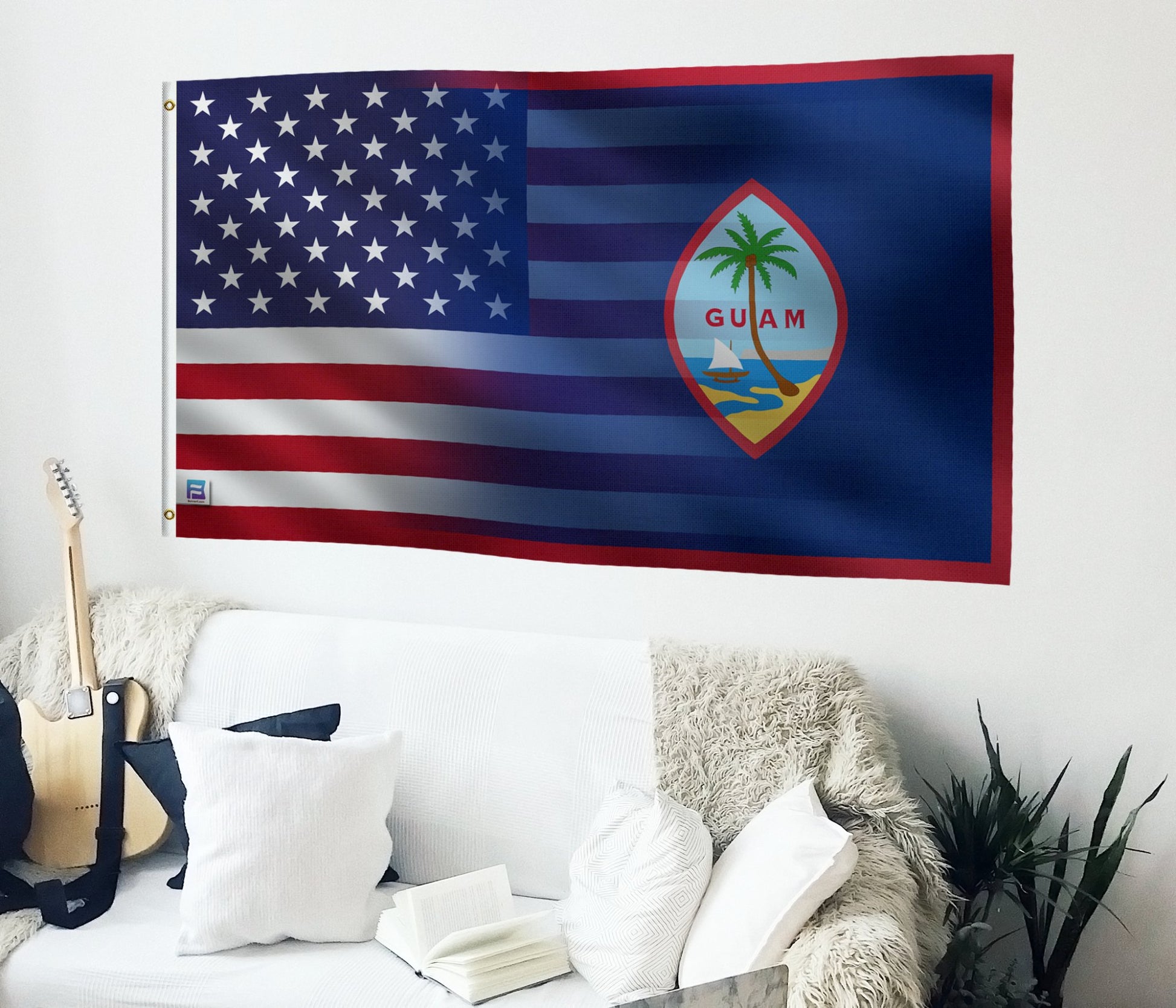 a flag hanging on a wall next to a couch