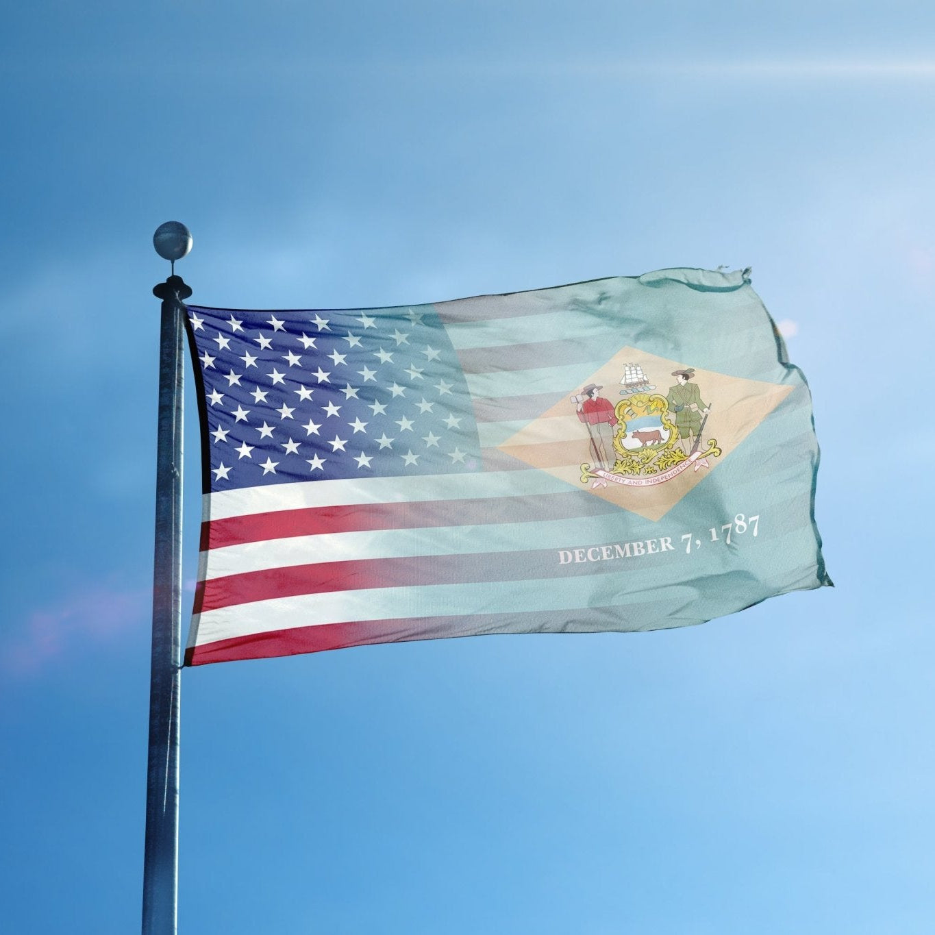 the flag of the state of new york flies high in the blue sky