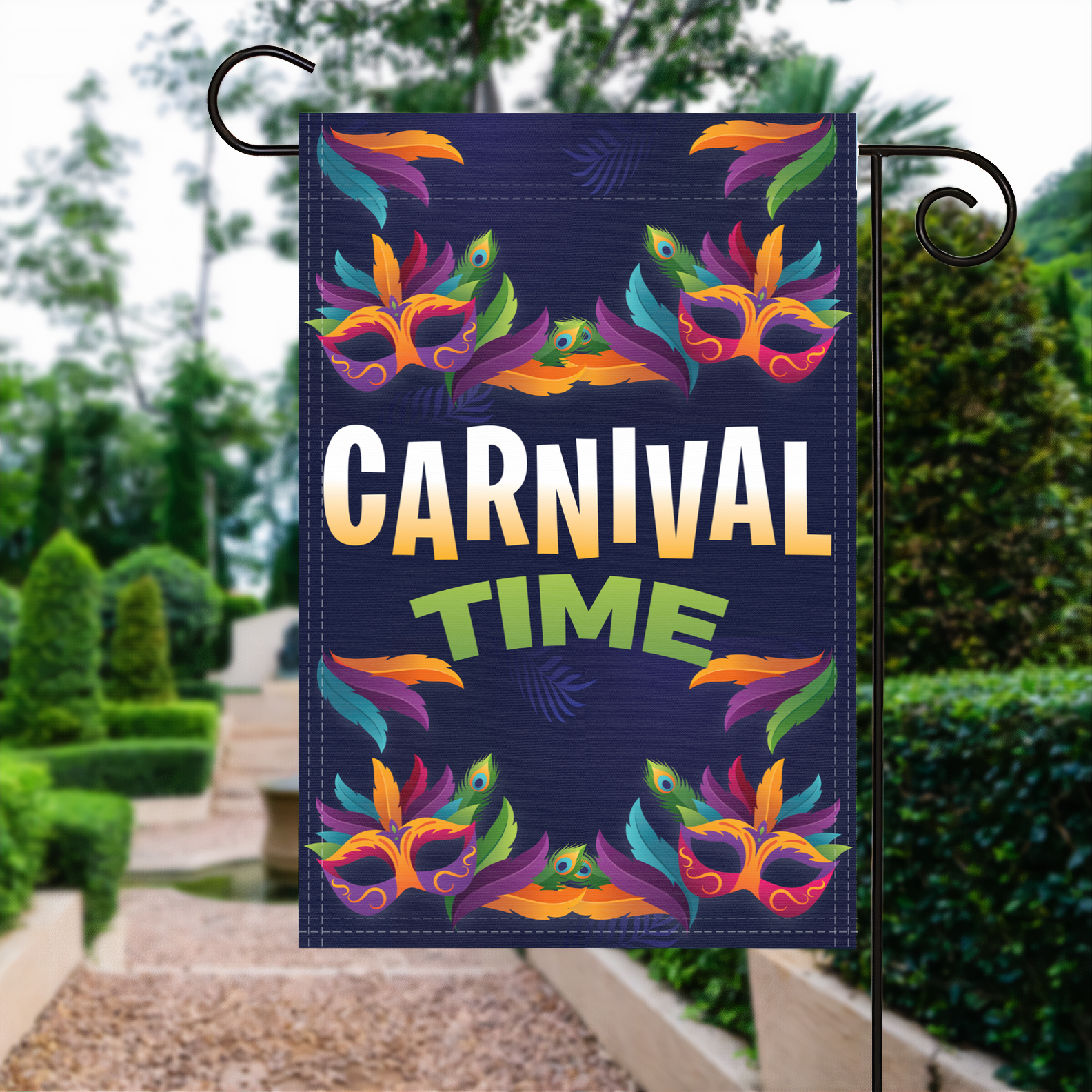 Carnival Time garden flag made of weatherproof polyester displayed in a garden | Bannerfi