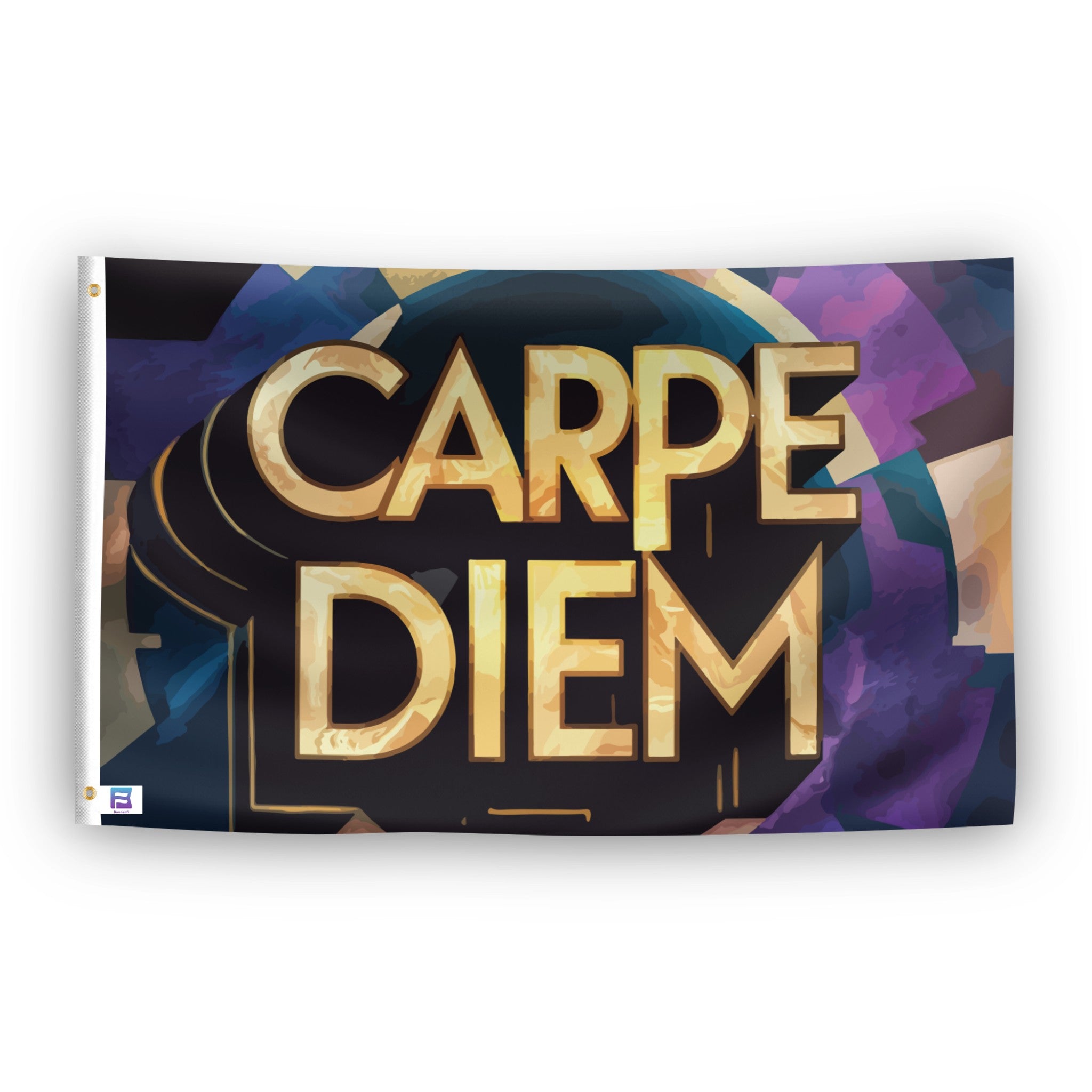Decorative flag with 'CARPE DIEM' text on a colorful abstract background