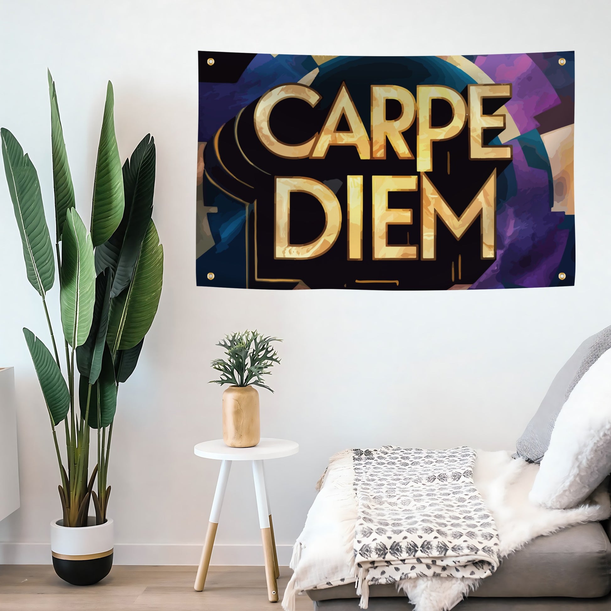 Living room with 'CARPE DIEM' flag banner on the wall, plants, and a small table.