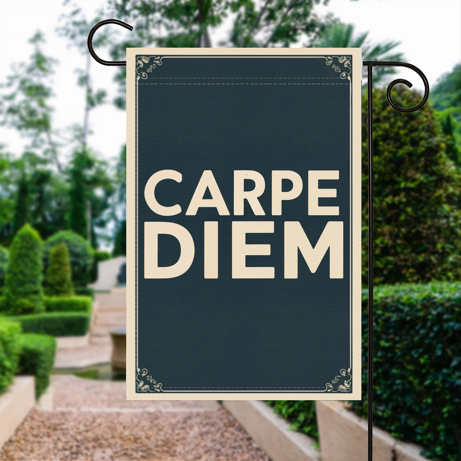 Carpe Diem garden flag made of weatherproof polyester displayed in a garden | Bannerfi