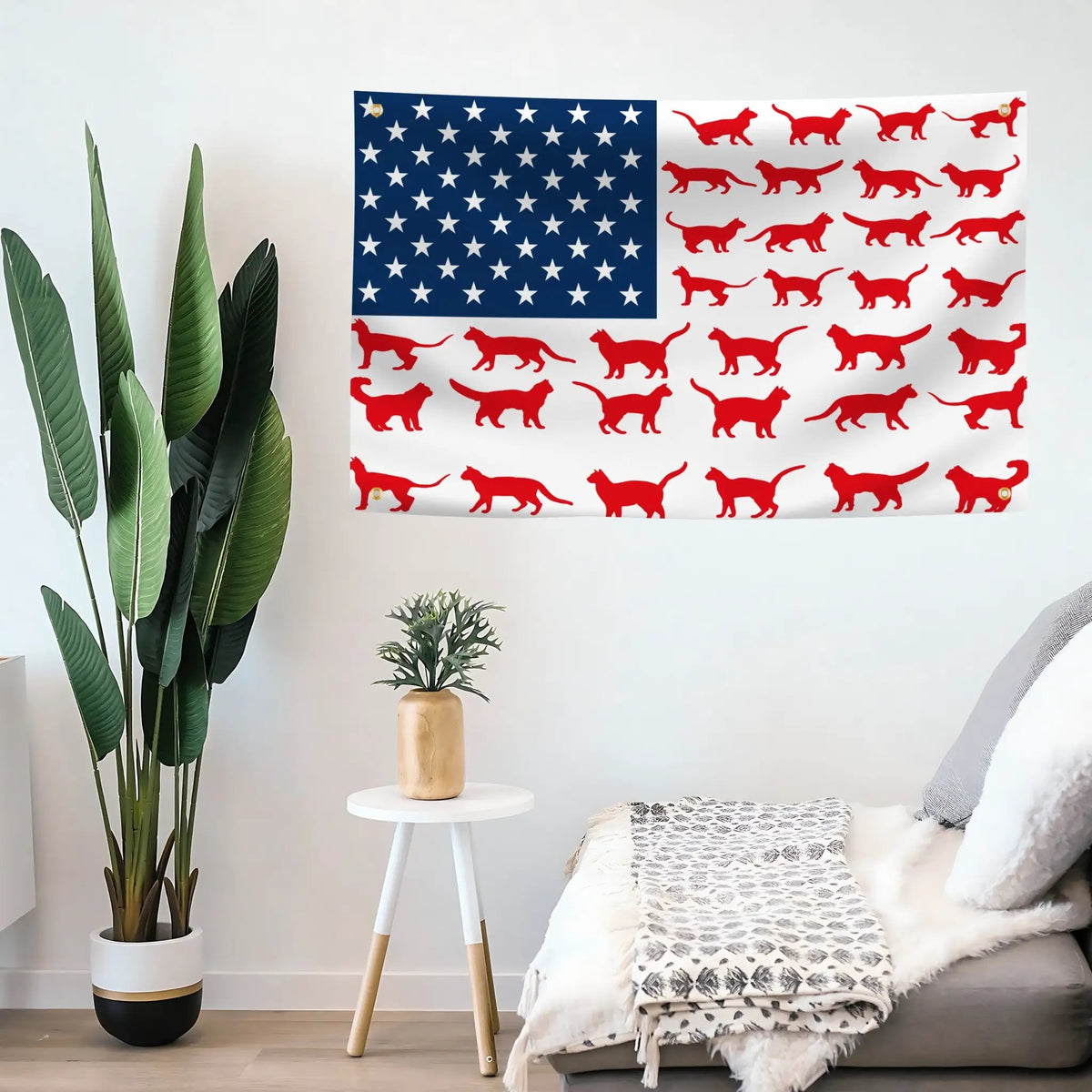 House flag Cat Stripes American Flag by Bannerfi; blue field with white stars and red cat silhouettes on white