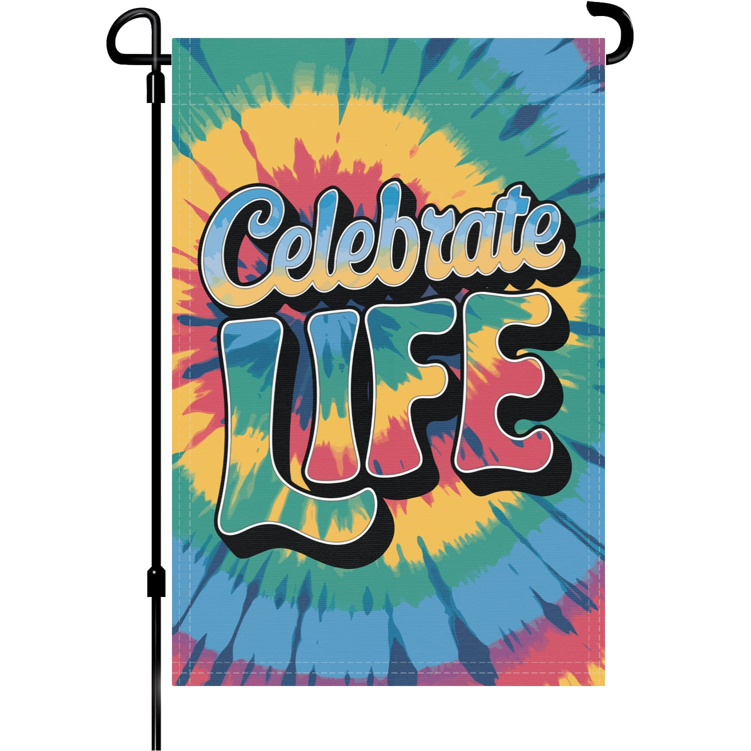 Celebrate Life garden flag made of weatherproof polyester mounted on a garden flagpole | Bannerfi