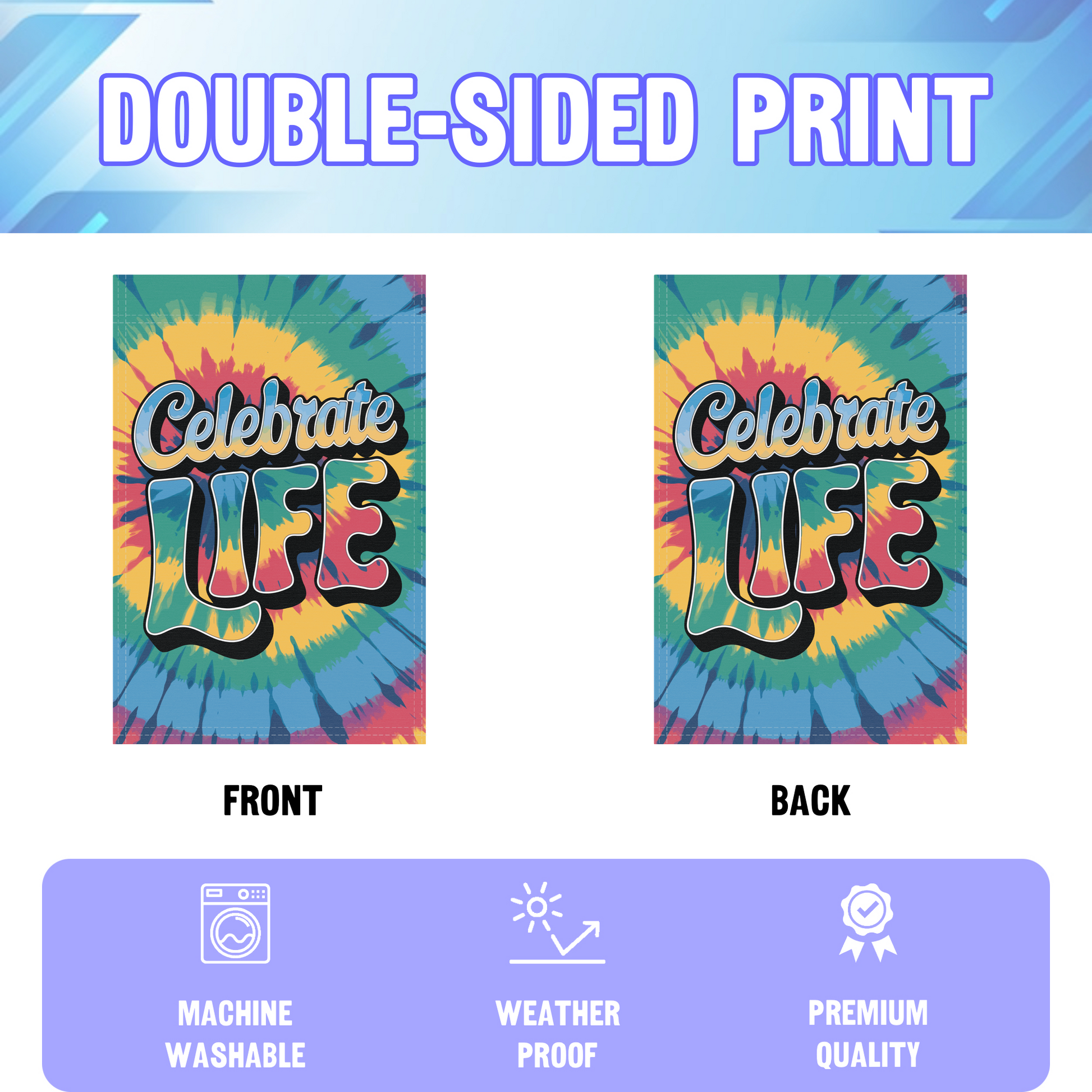 Celebrate Life garden flag displayed in an infographic, showing the double sided print and high quality characteristics | Bannerfi