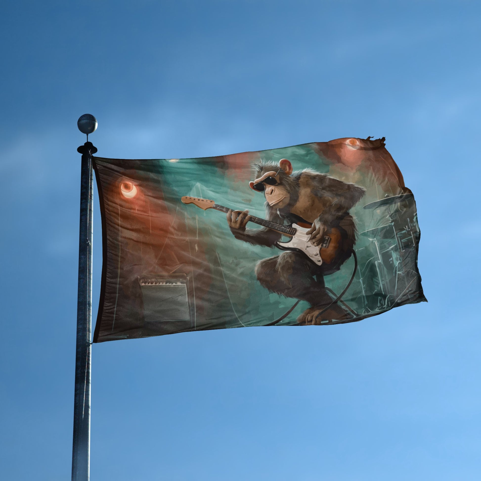 Chimp Guitar Solo flag displayed outdoors – weatherproof house banner on pole | Bannerfi