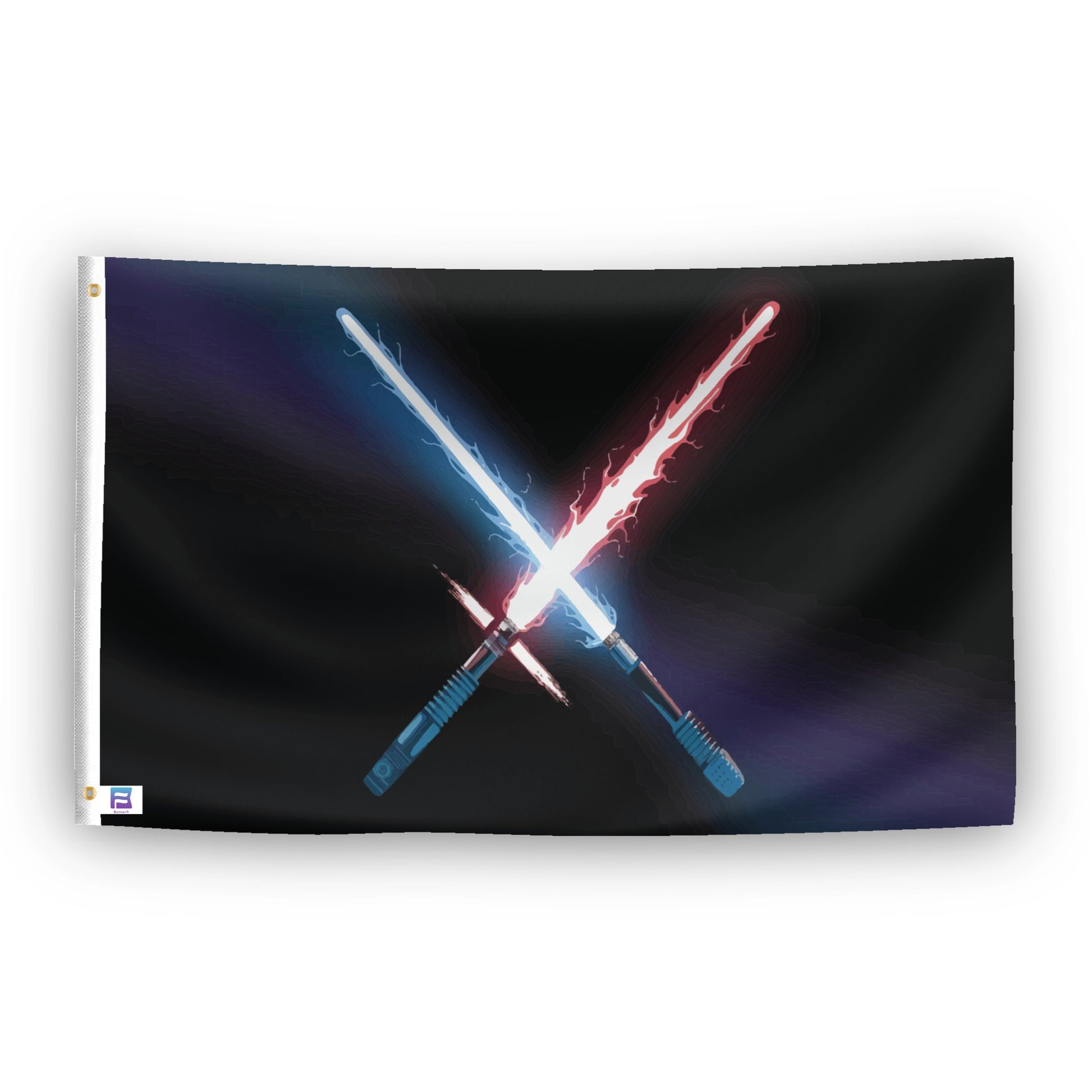 A flag with the theme "Star Wars Clashing Lightsabres", displayed with two brass grommets reinforced with a white canvas header.