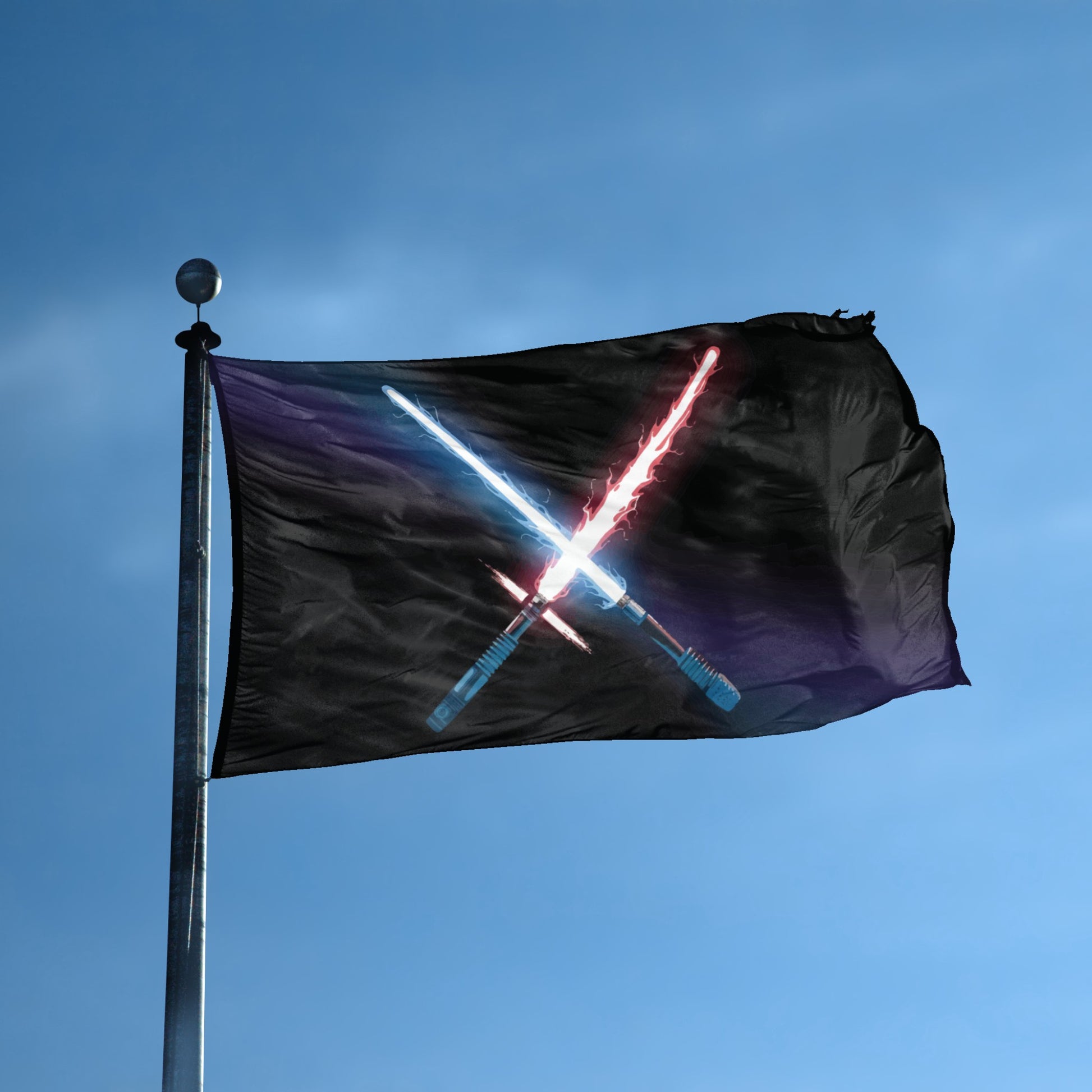 A flag with the theme "Star Wars Clashing Lightsabres" displayed on a tall flag pole and blue skies.
