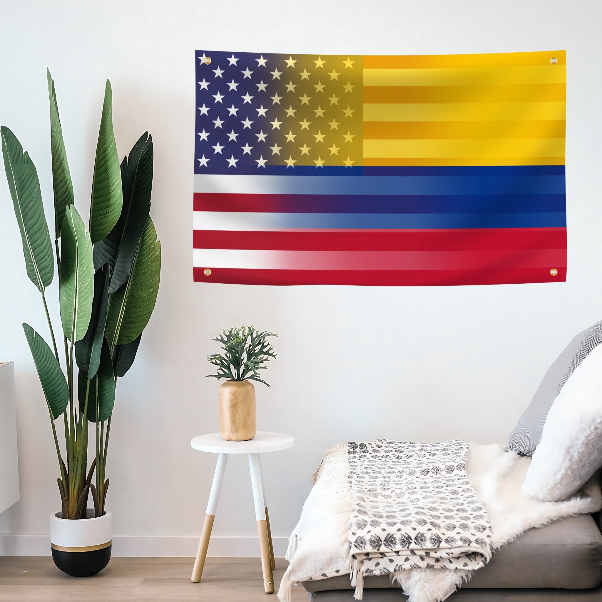 Colombian American Hybrid Flag banner with 4 grommets mounted on a wall - Bannerfi