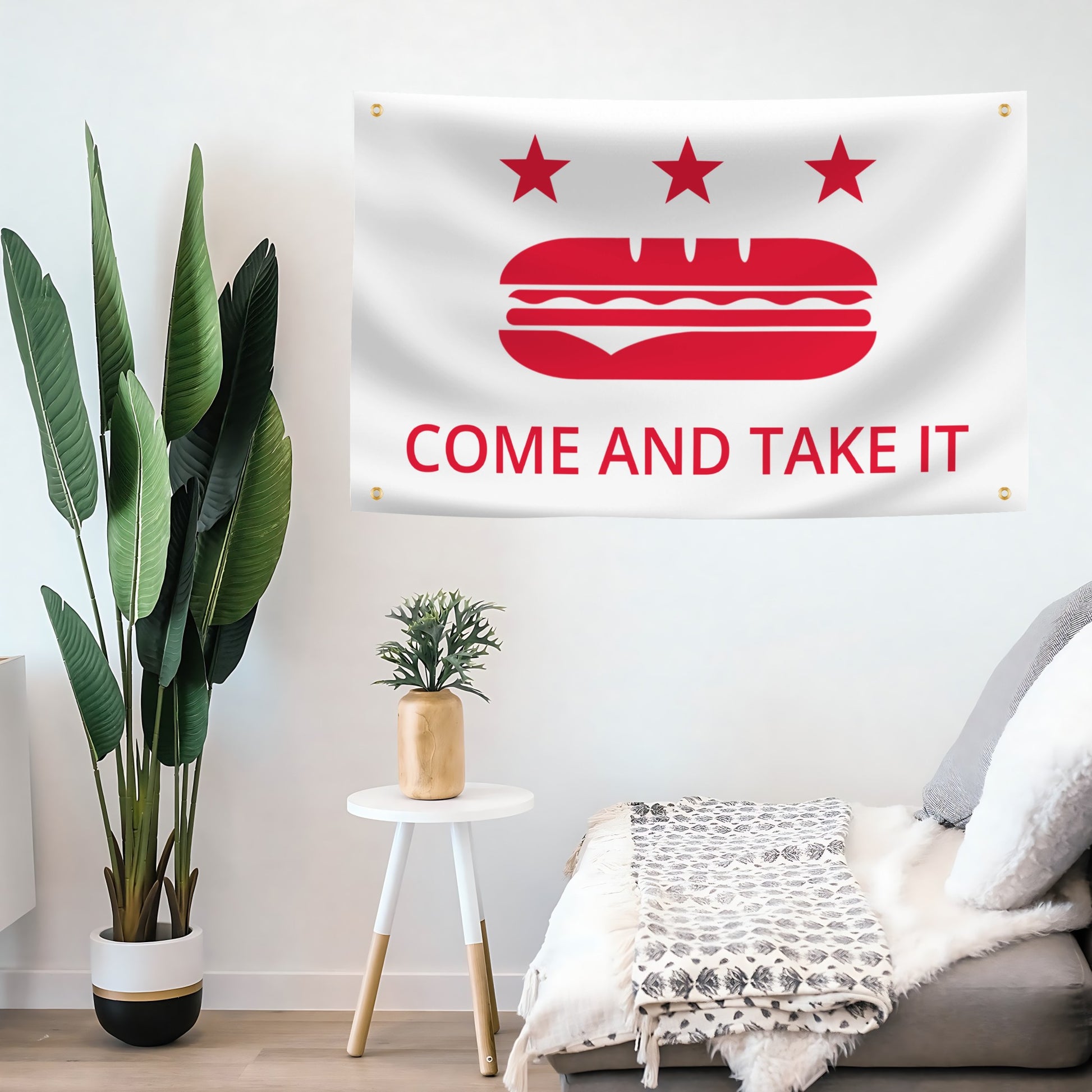 Room interior with a 'Come and Take It' flag banner on the wall. 