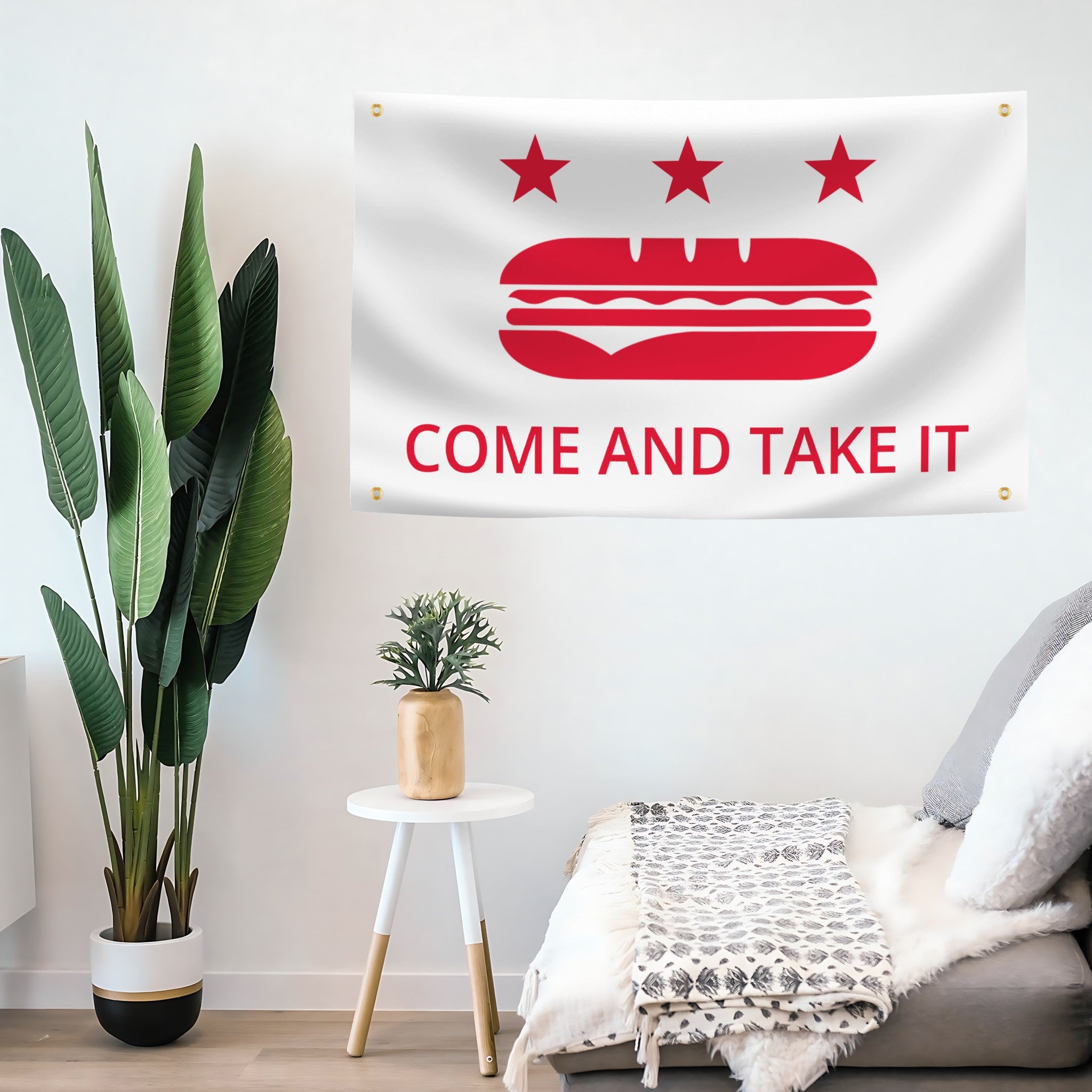 Room interior with a 'Come and Take It' flag banner on the wall. 