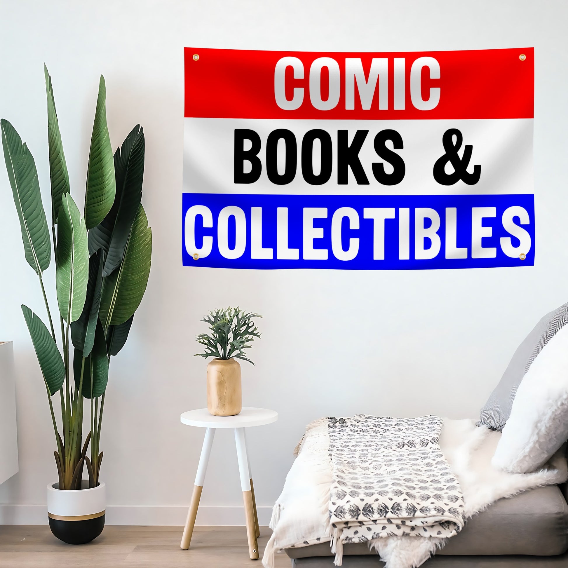 Decorative flag banner for comic books and collectibles mounted on a wall.
