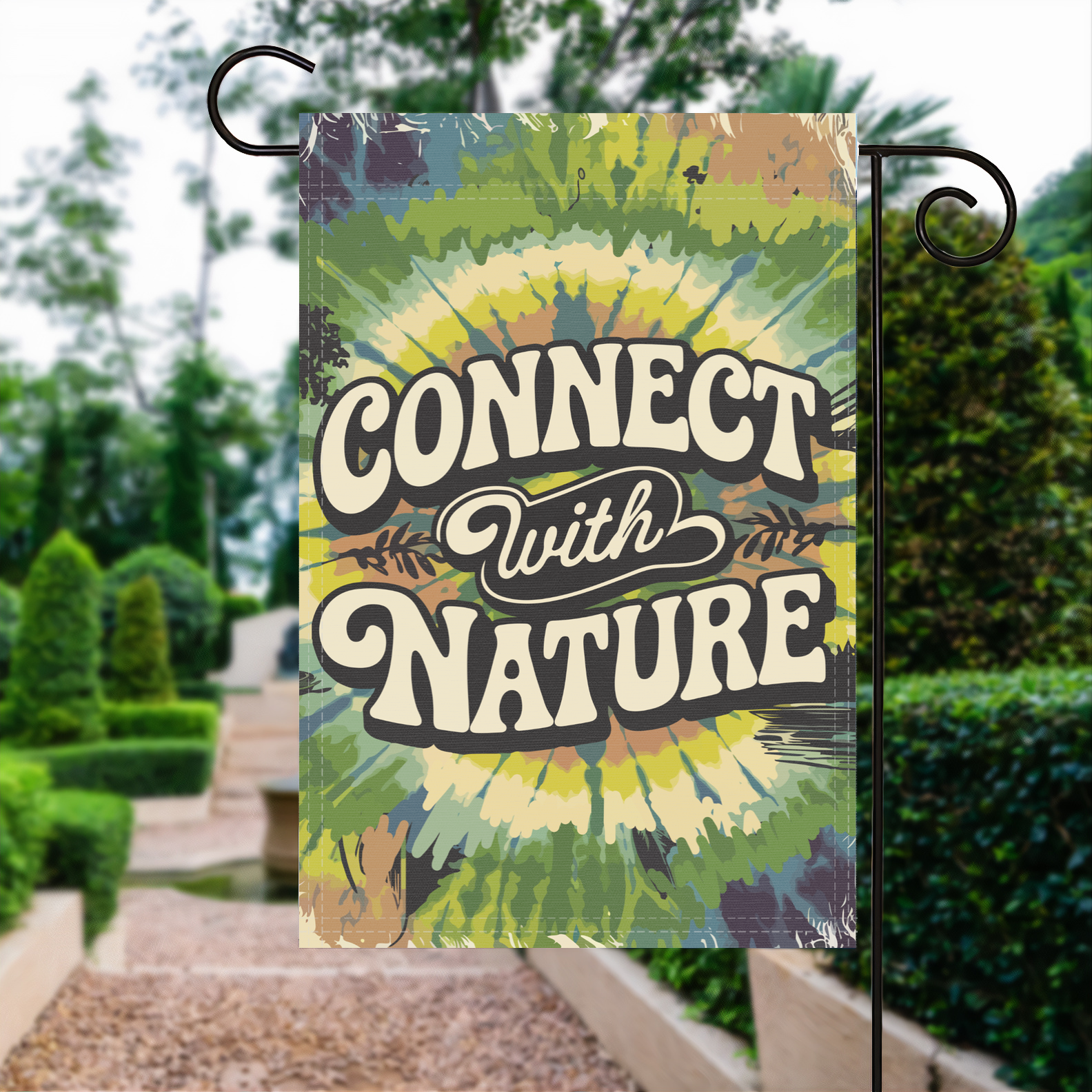 Connect With Nature garden flag made of weatherproof polyester displayed in a garden | Bannerfi