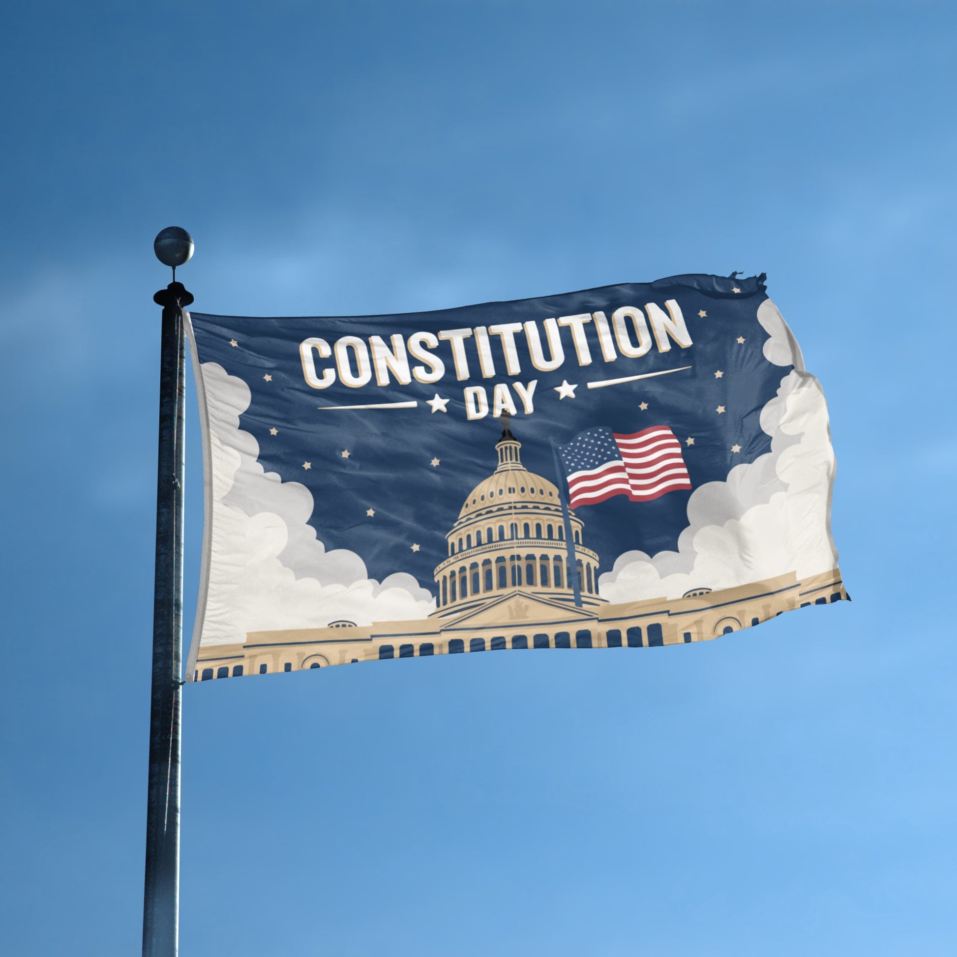 Flag with 'Constitution Day' text and U.S. Capitol building design against a blue sky.
