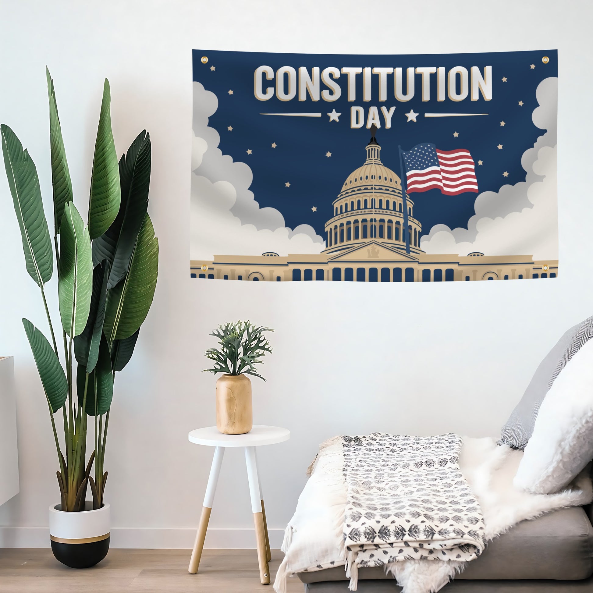 Living room with a 'Constitution Day' flag banner featuring the Capitol building and American flag.