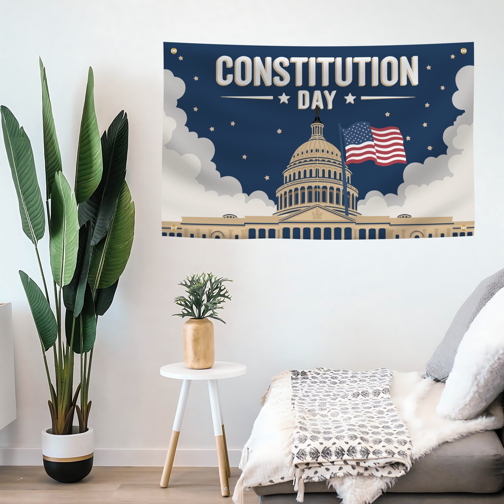Living room with a 'Constitution Day' flag banner featuring the Capitol building and American flag.