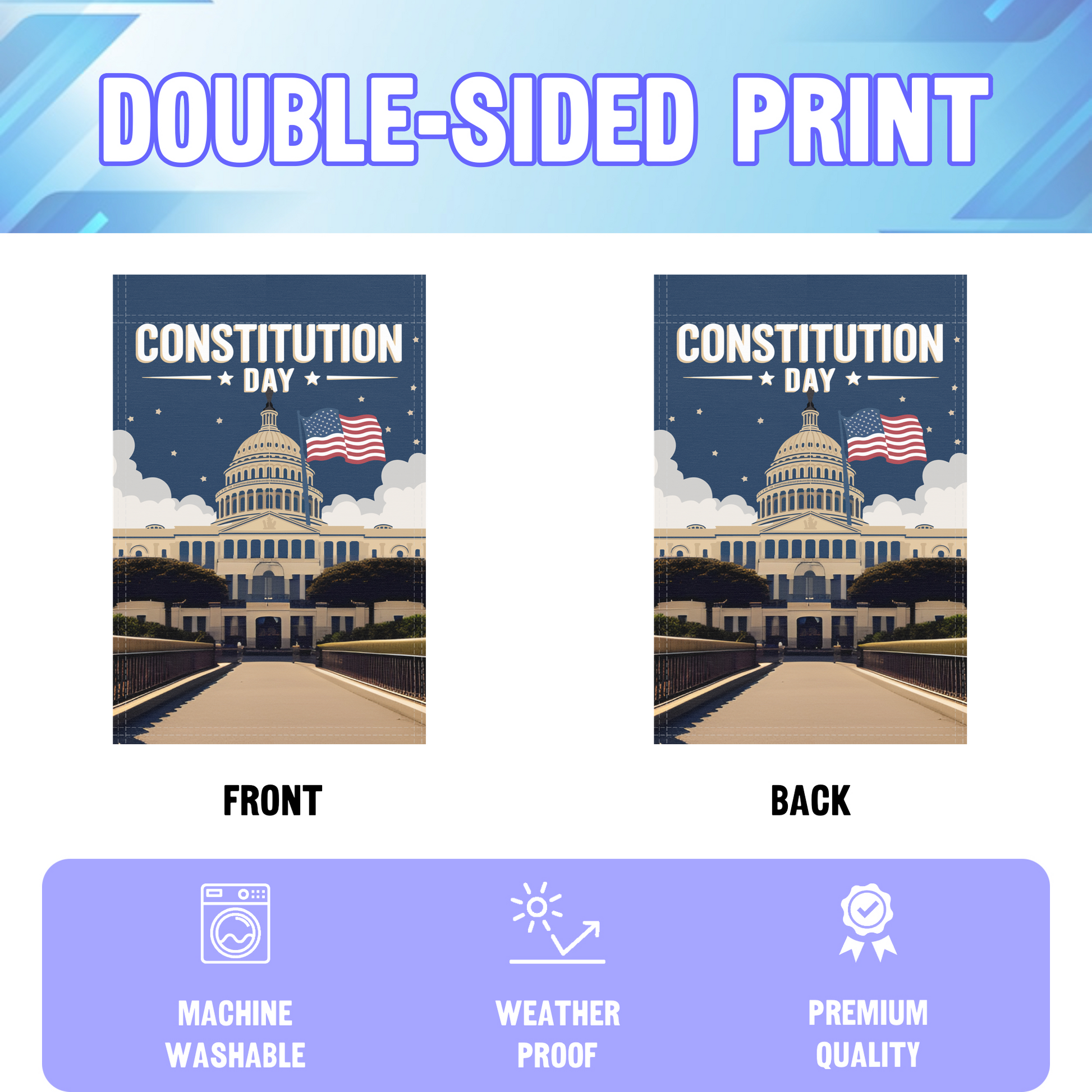 Constitution Day garden flag displayed in an infographic, showing the double sided print and high quality characteristics | Bannerfi