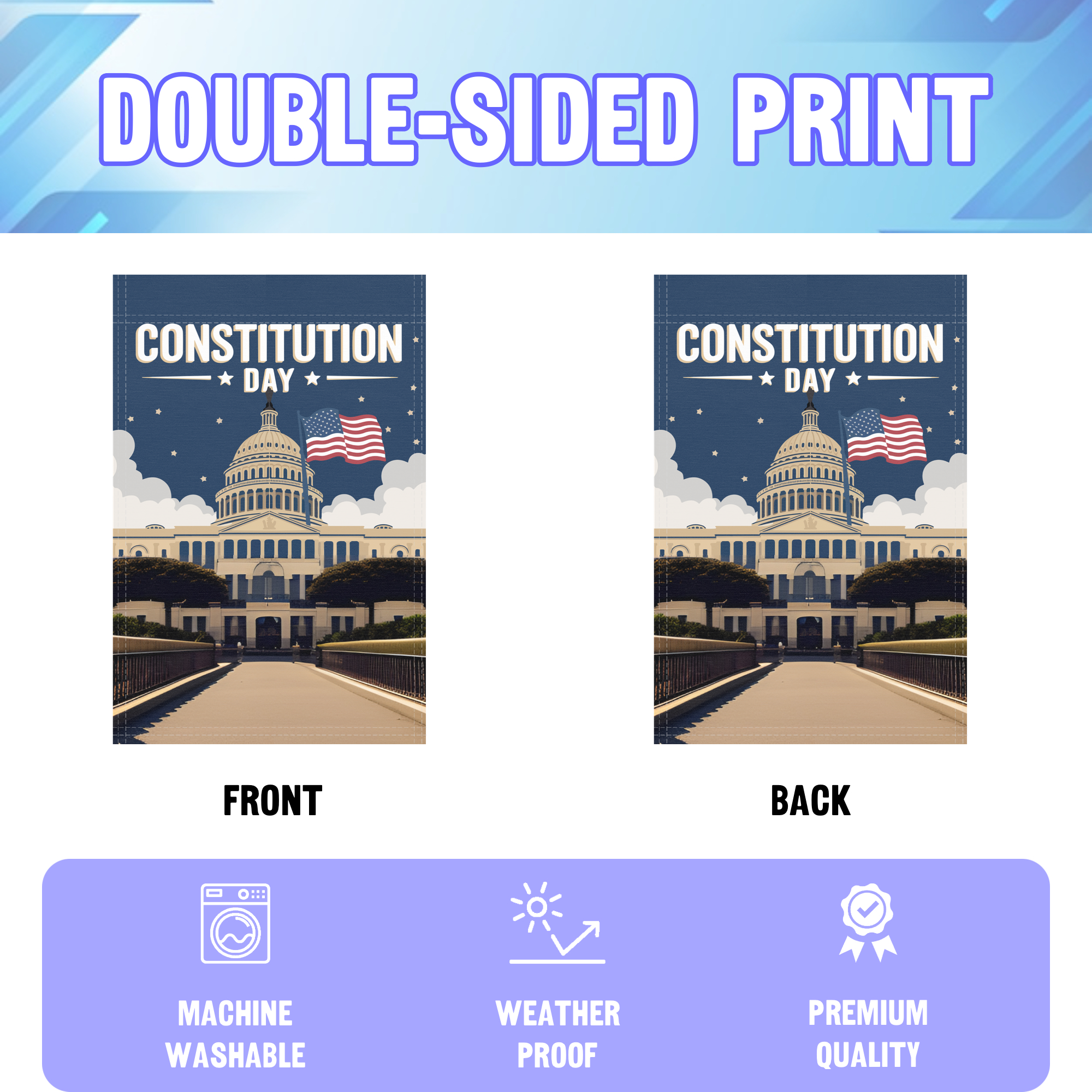 Constitution Day garden flag displayed in an infographic, showing the double sided print and high quality characteristics | Bannerfi