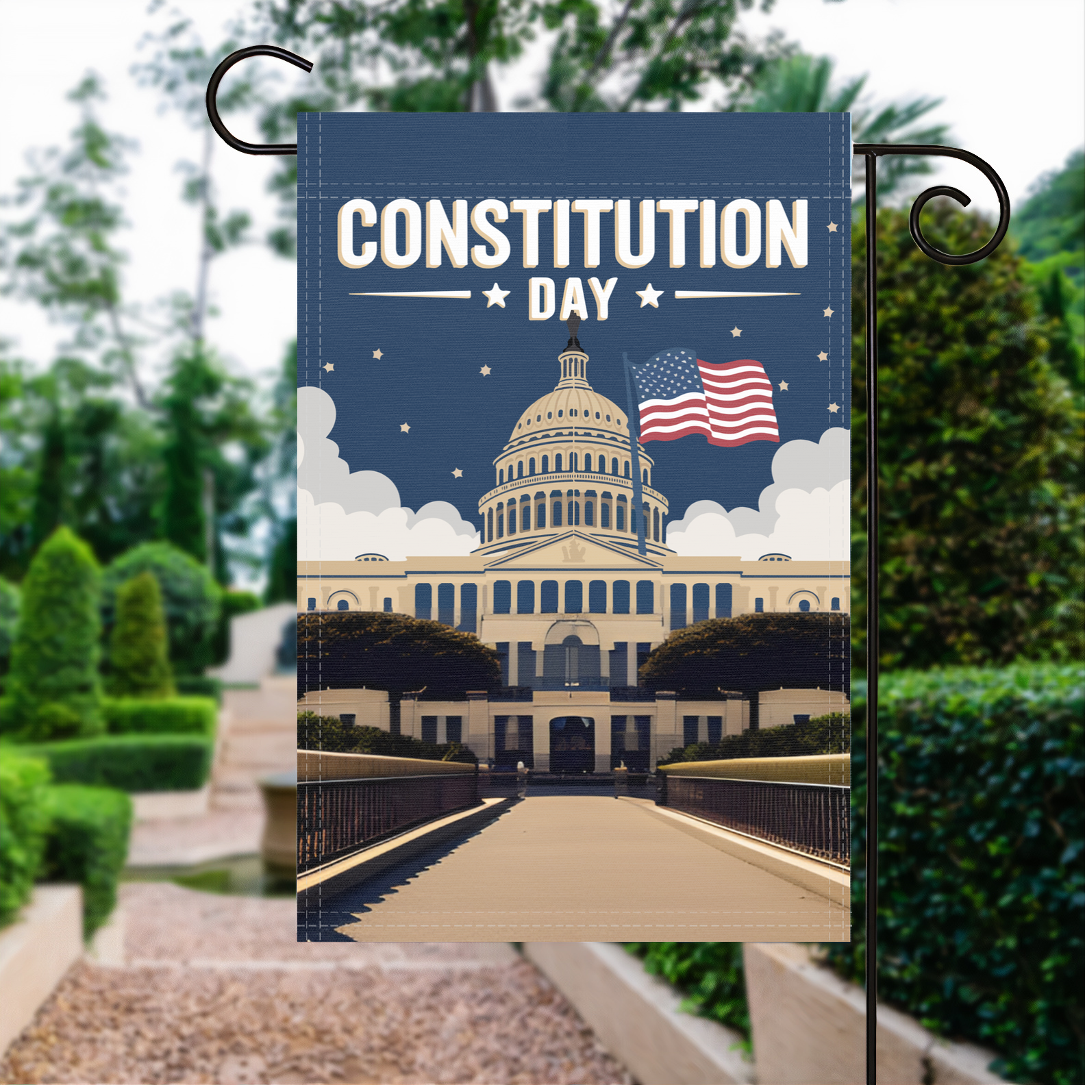 Constitution Day garden flag made of weatherproof polyester displayed in a garden | Bannerfi