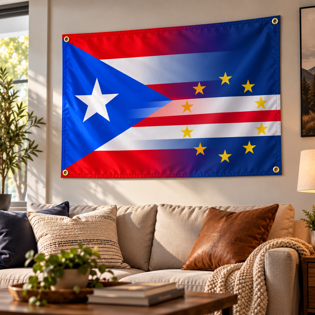 Bannerfi Custom Country Flag Blend house flag with blue triangle, white star, red-white-blue stripes and yellow stars.