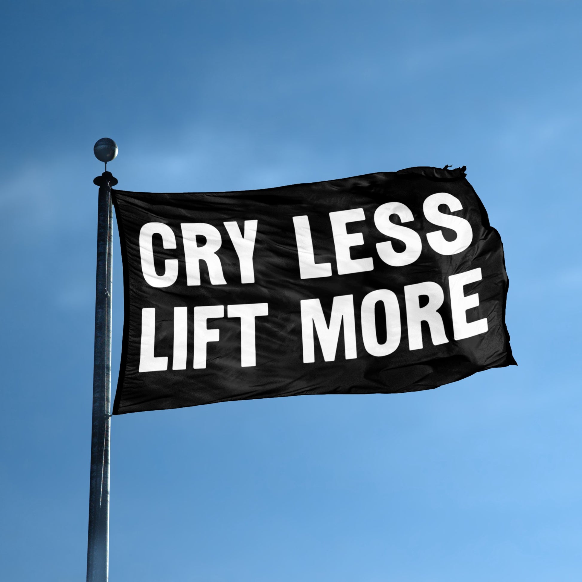Cry Less Lift More flag displayed outdoors – weatherproof house banner on pole | Bannerfi