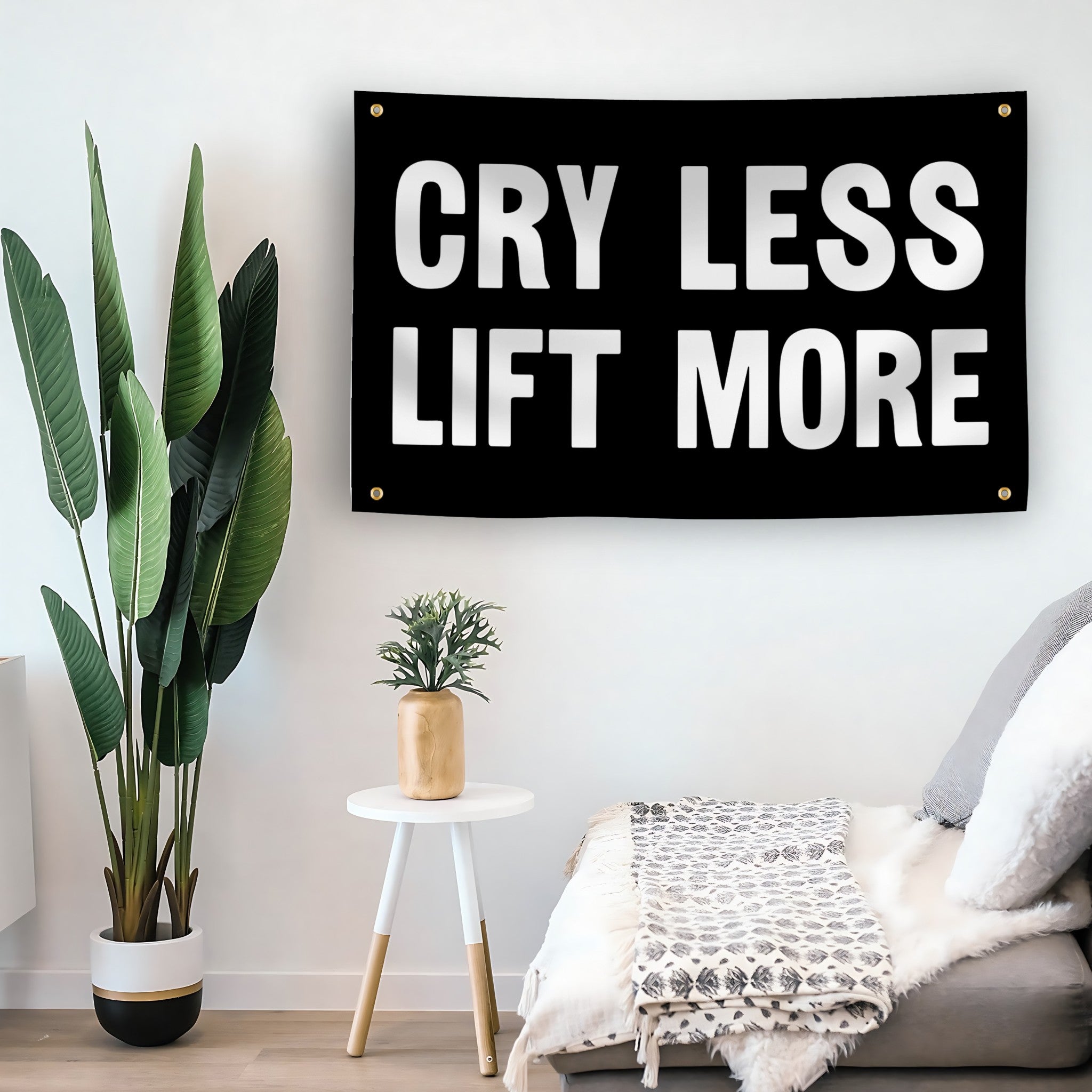 Cry Less Lift More flag as indoor wall art – versatile home décor | Bannerfi