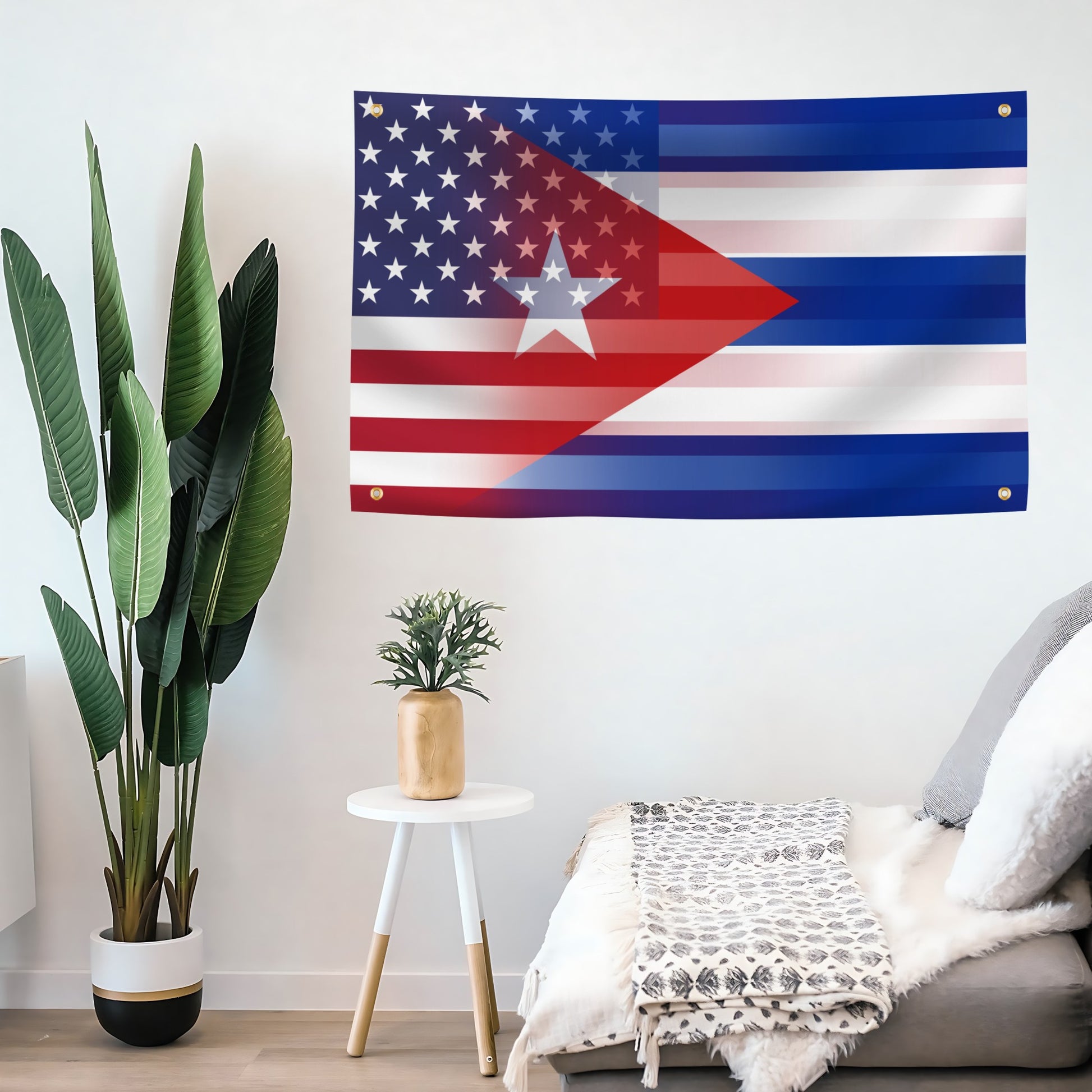 Cuban American Hybrid US Flag banner mounted on a wall - Bannerfi