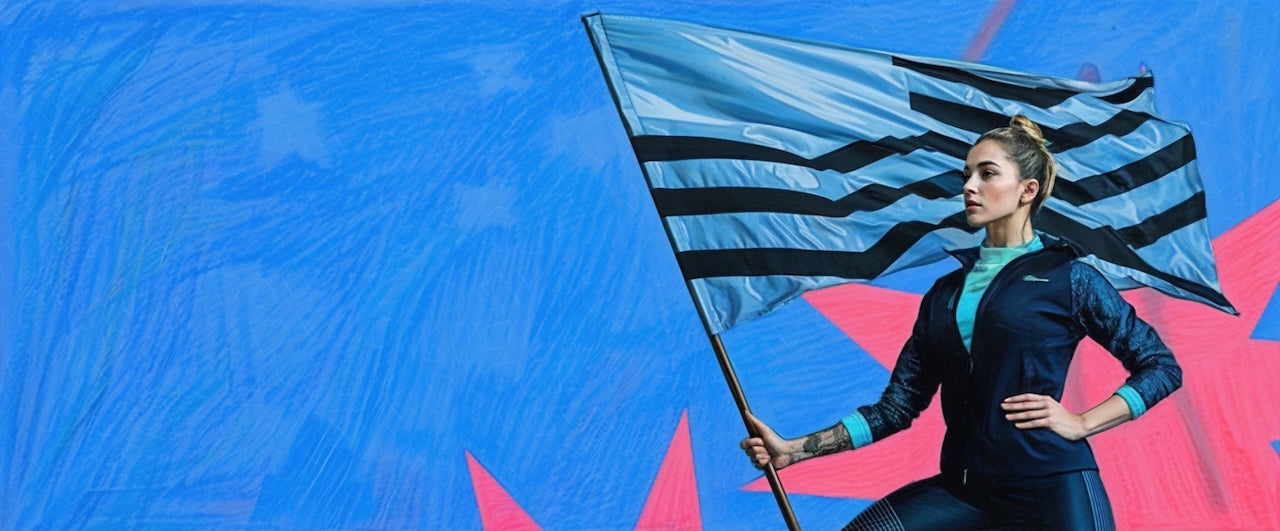 Woman holding a custom flag against a colorful abstract background