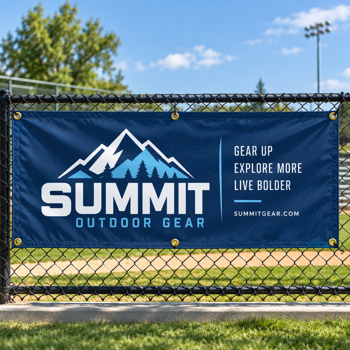 Custom Banners house flag by Bannerfi: blue flag with SUMMIT OUTDOOR GEAR logo and SUMMIT text on a chain-link fence.