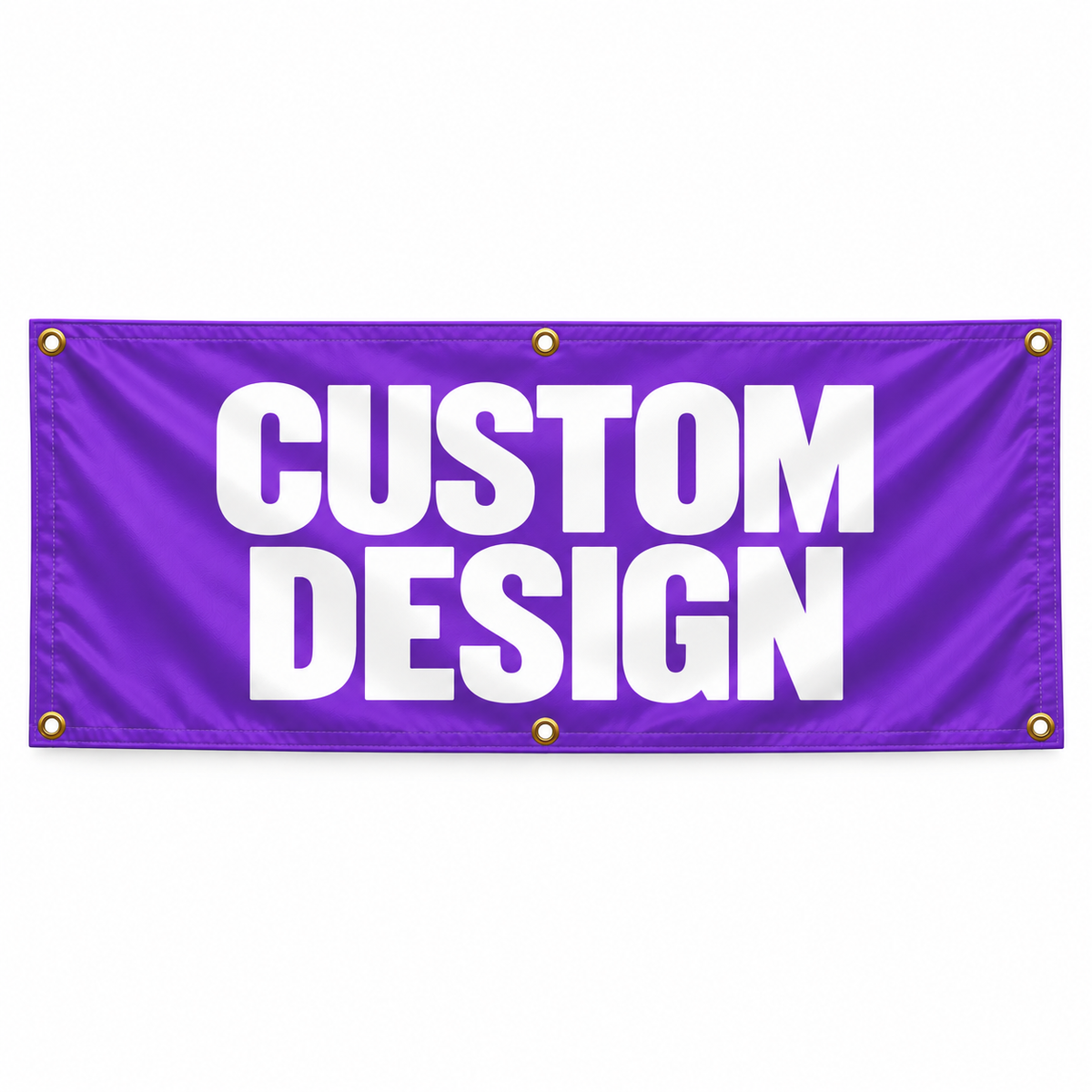 Custom Banners house flag, purple with bold white CUSTOM DESIGN text and gold grommets.