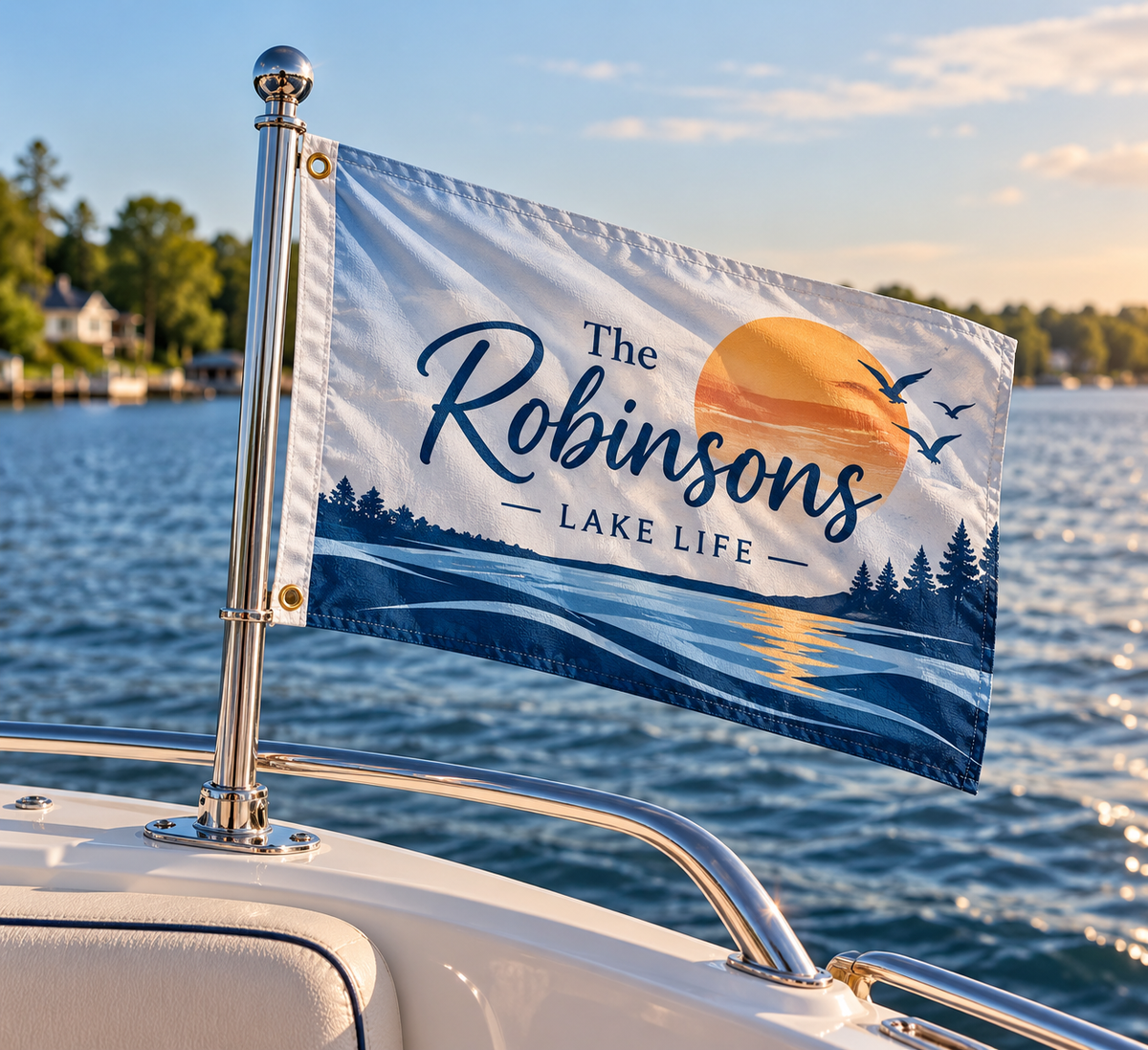 Custom boat flag featuring The Robinsons Lake Life design, with an orange sunset, blue water, and tree silhouettes.