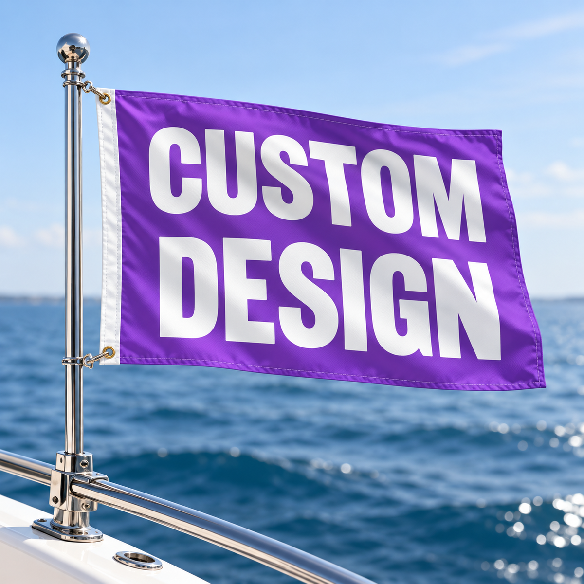 Custom Boat Flag by Bannerfi, purple with white CUSTOM DESIGN text, mounted on chrome boat rail