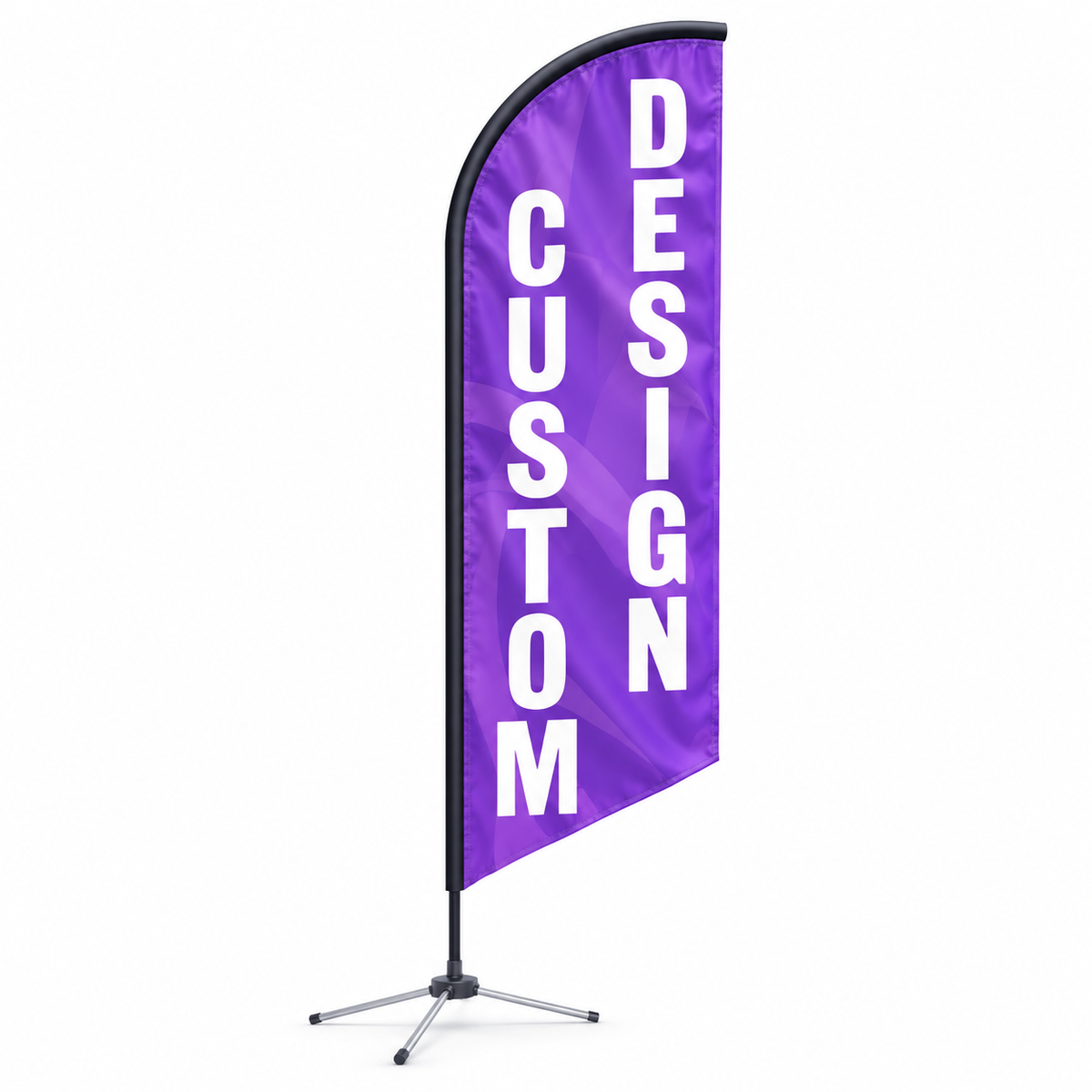 Custom feather flag on a tripod stand, purple banner with vertical white text CUSTOM DESIGN.